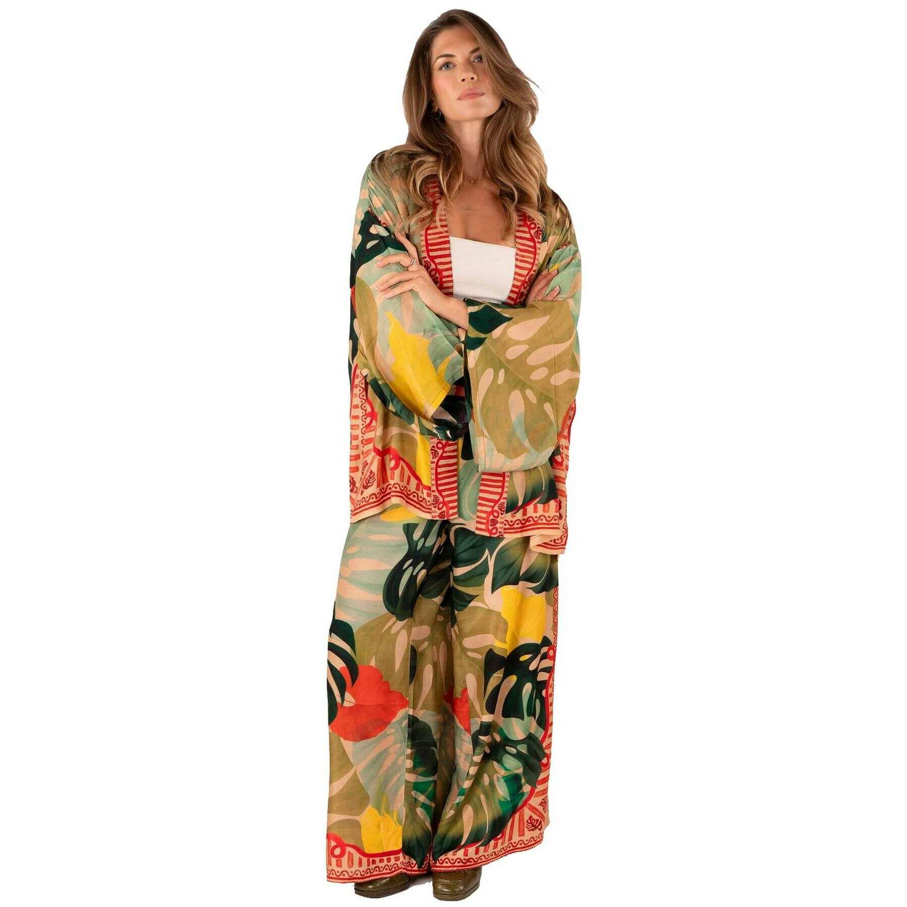Powder Exotic Leaves Kimono Jacket - Green/Beige/Yellow - Image 2