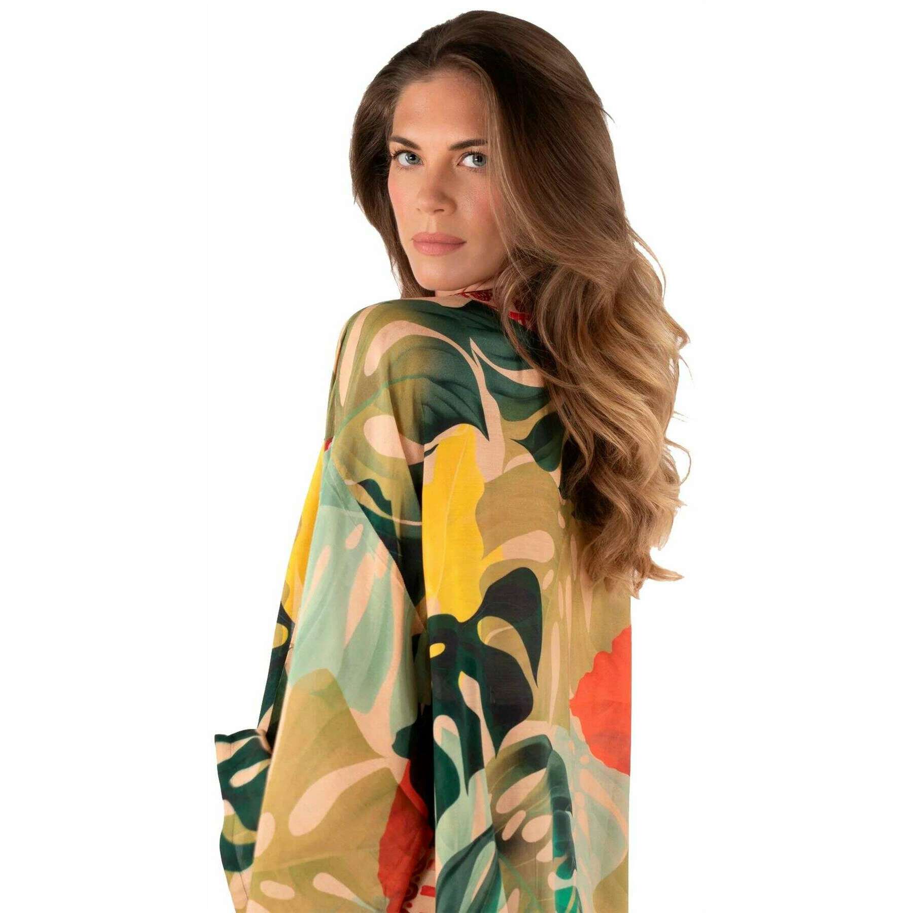 Powder Exotic Leaves Kimono Jacket - Green/Beige/Yellow - Image 3