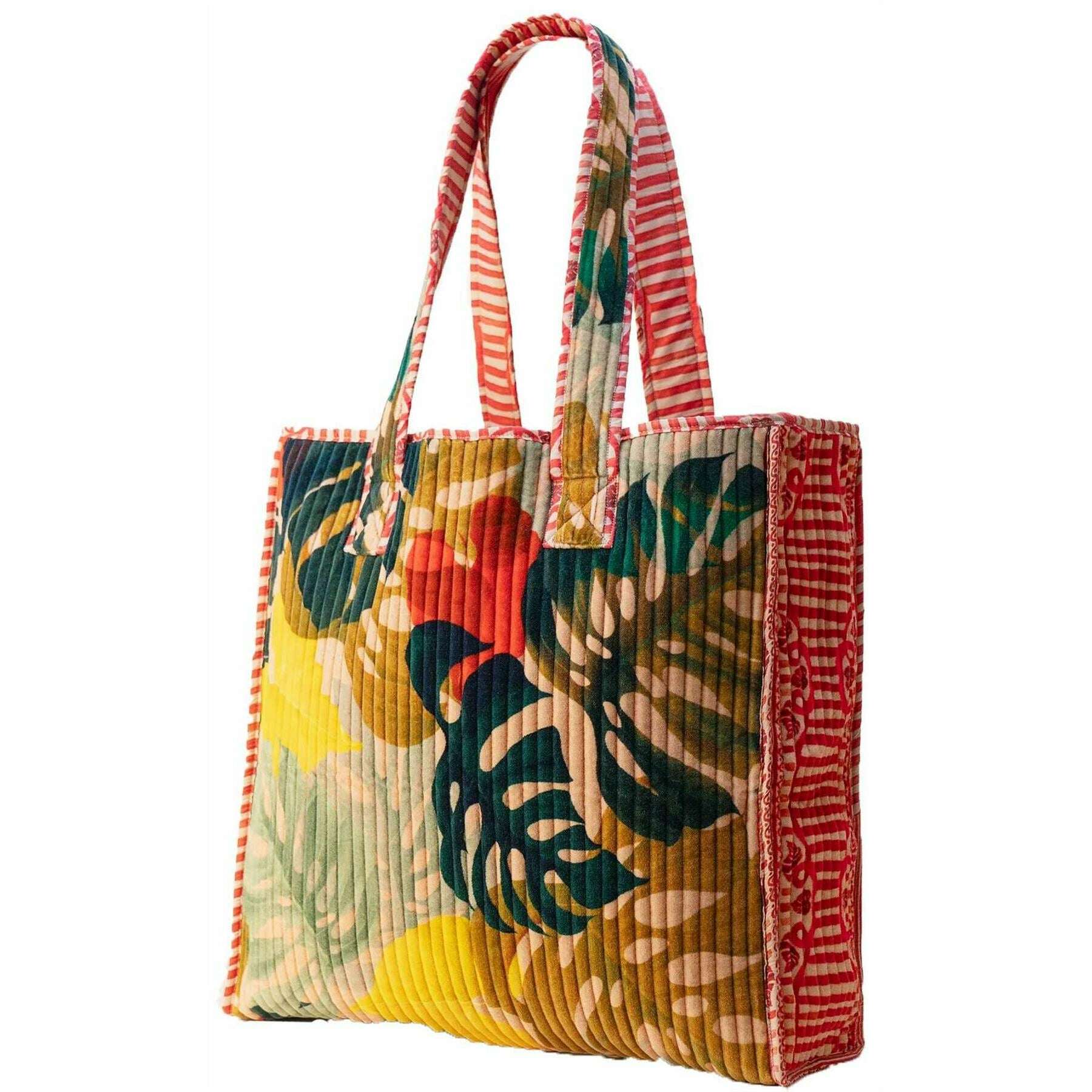 Powder Exotic Leaves Luxe Velvet Quilted Tote - Beige/Red/Green