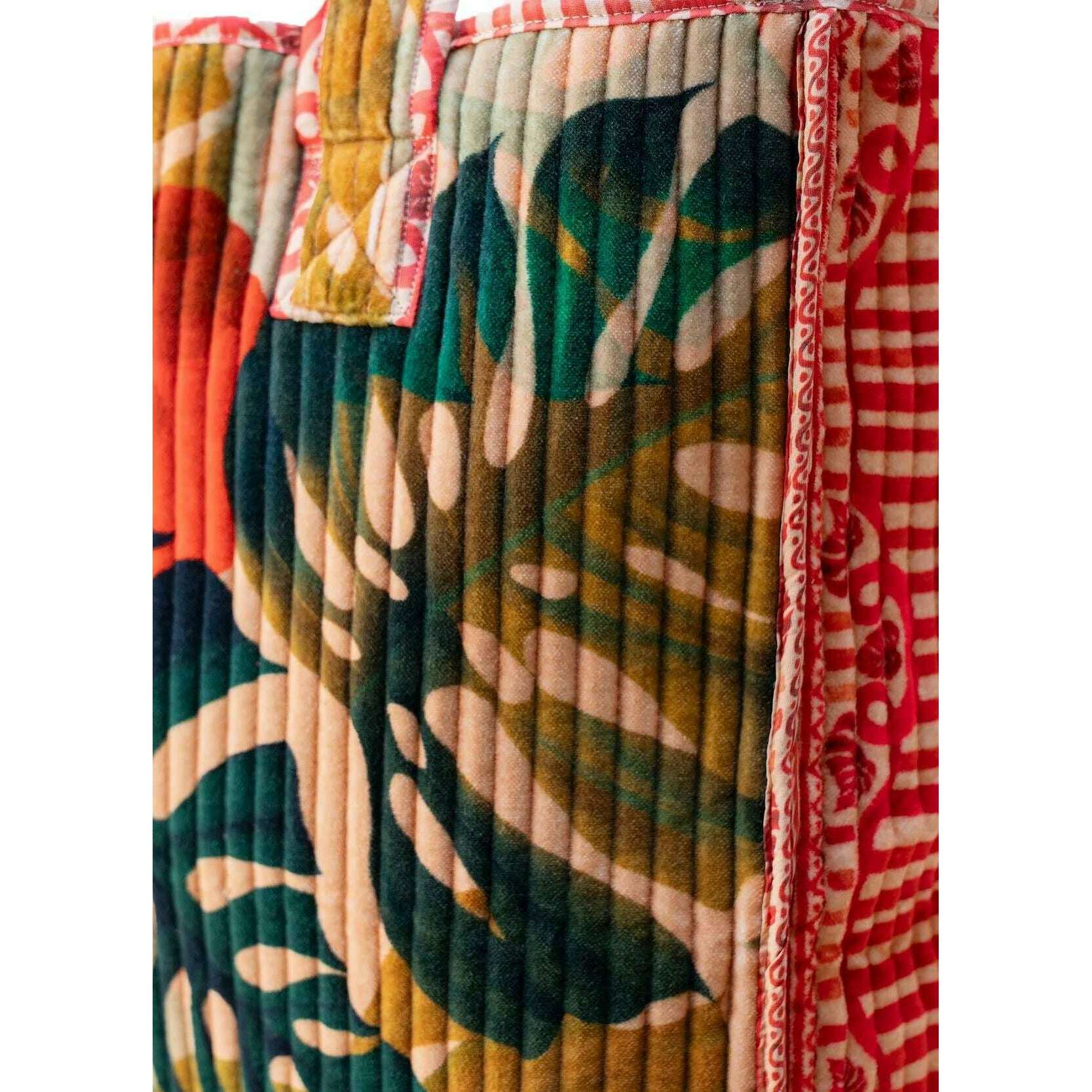 Powder Exotic Leaves Luxe Velvet Quilted Tote - Beige/Red/Green - Image 3