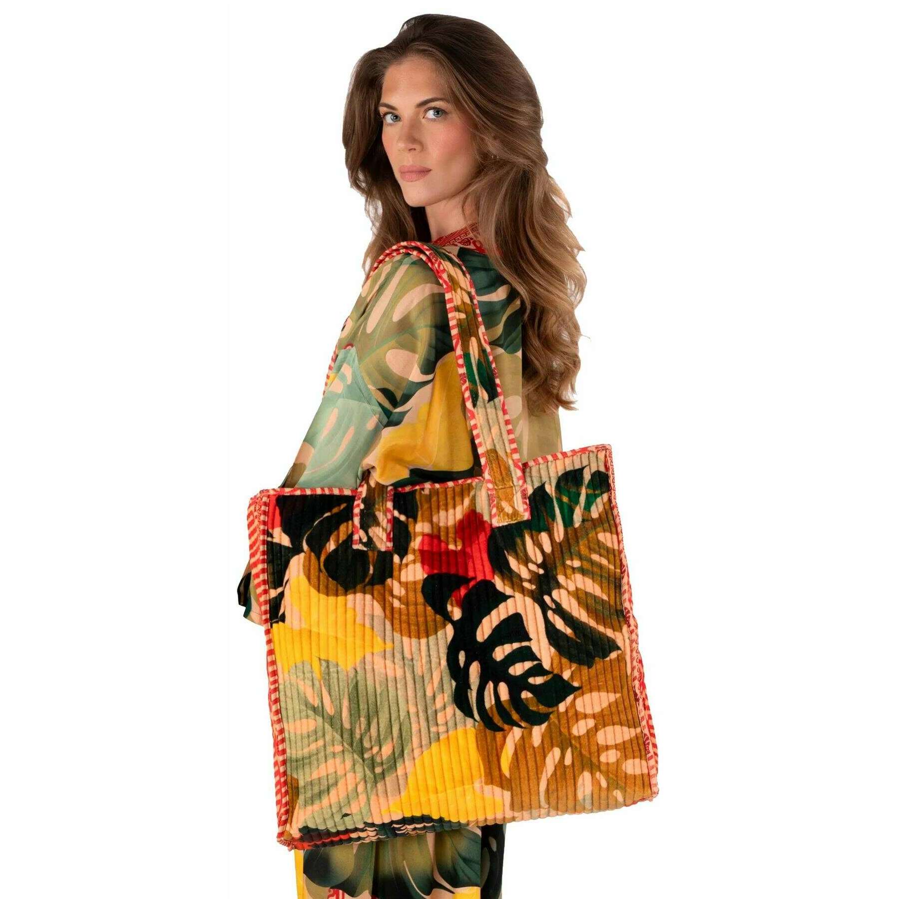 Powder Exotic Leaves Luxe Velvet Quilted Tote - Beige/Red/Green - Image 4