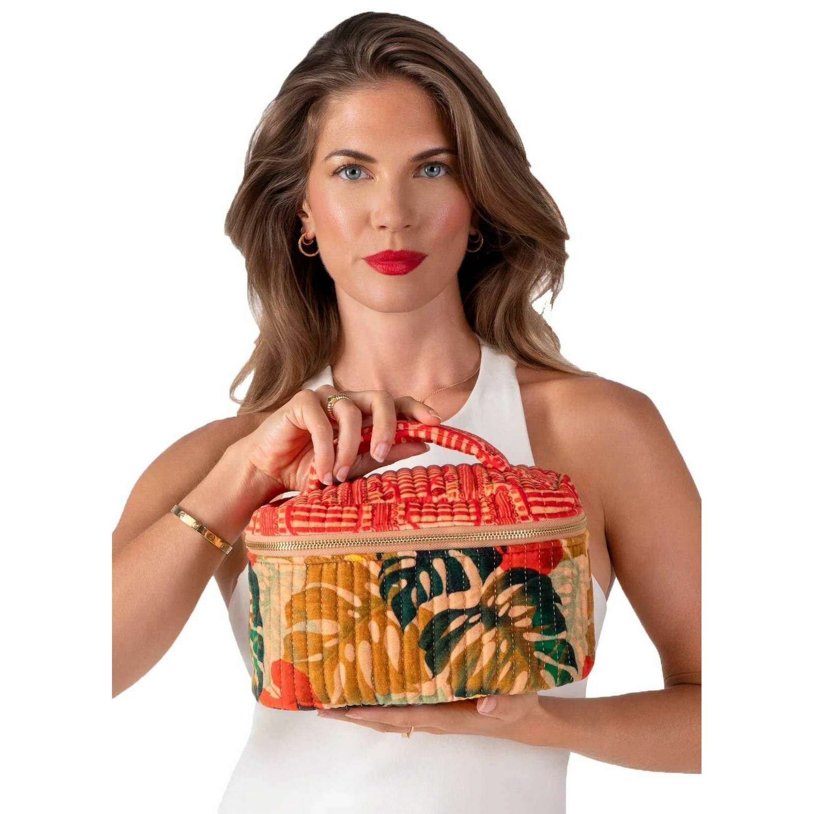 Powder Exotic Leaves Quilted Vanity Case - Red/Green/Beige - Image 3