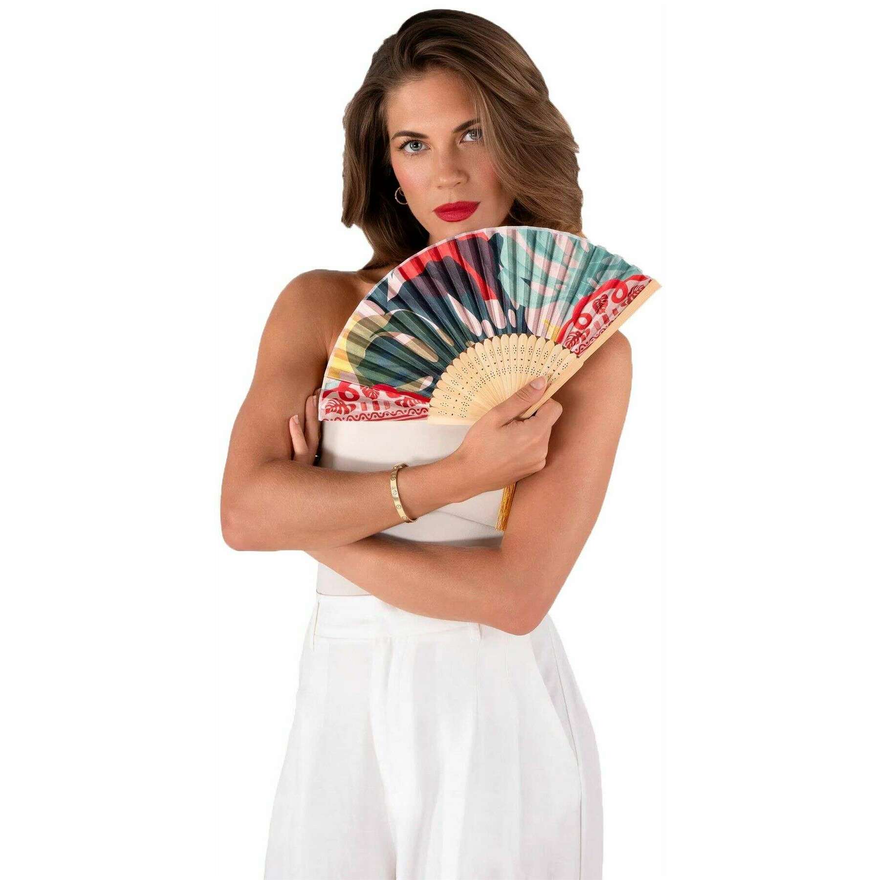 Powder Exotic Leaves Satin Fan - Blue/Red/Beige - Image 3