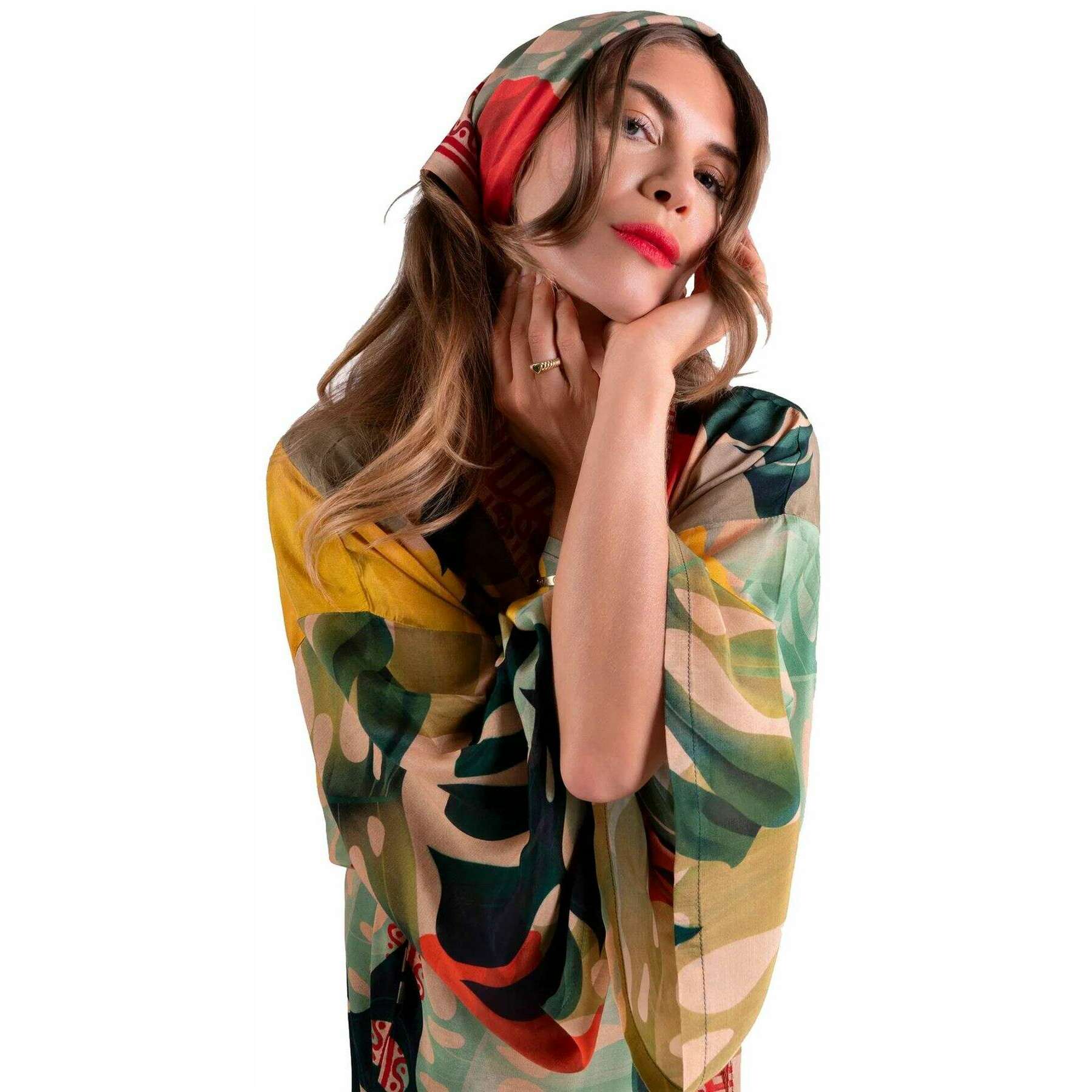 Powder Exotic Leaves Silk Square Scarf - Red/Beige/Green - Image 4