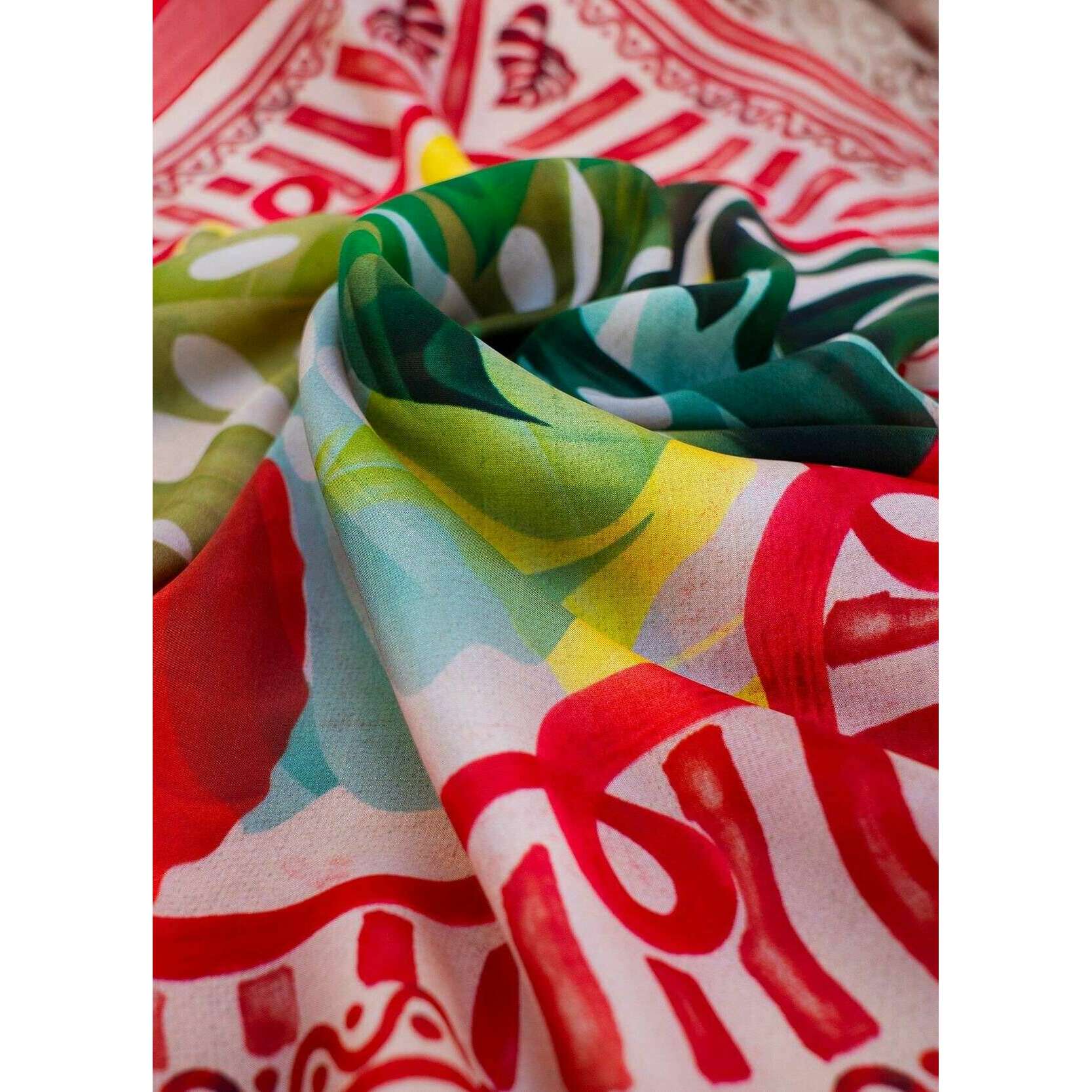 Powder Exotic Leaves Silk Square Scarf - Red/Beige/Green - Image 5