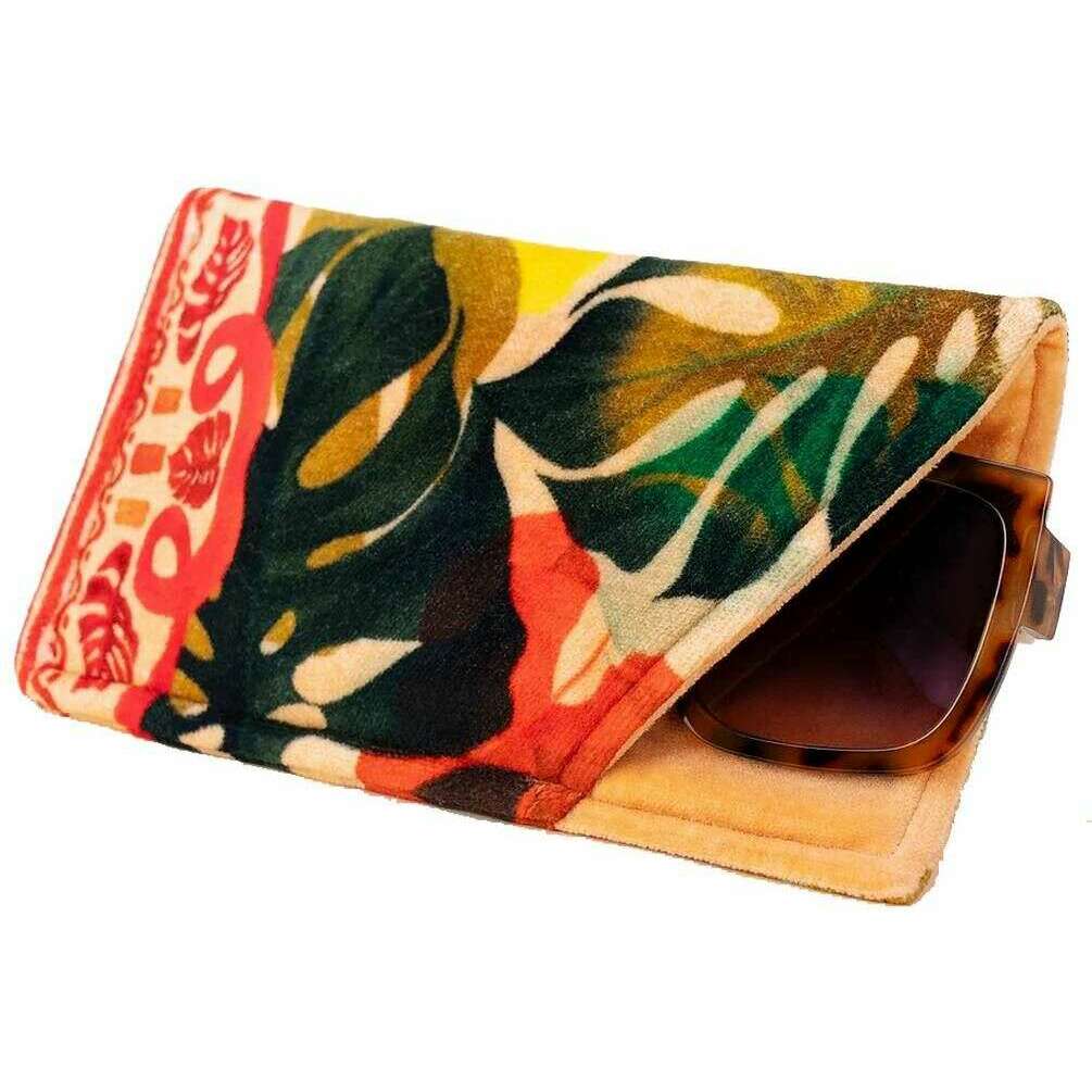 Powder Exotic Leaves Velvet Sunglasses Pouch - Beige/Red/Green