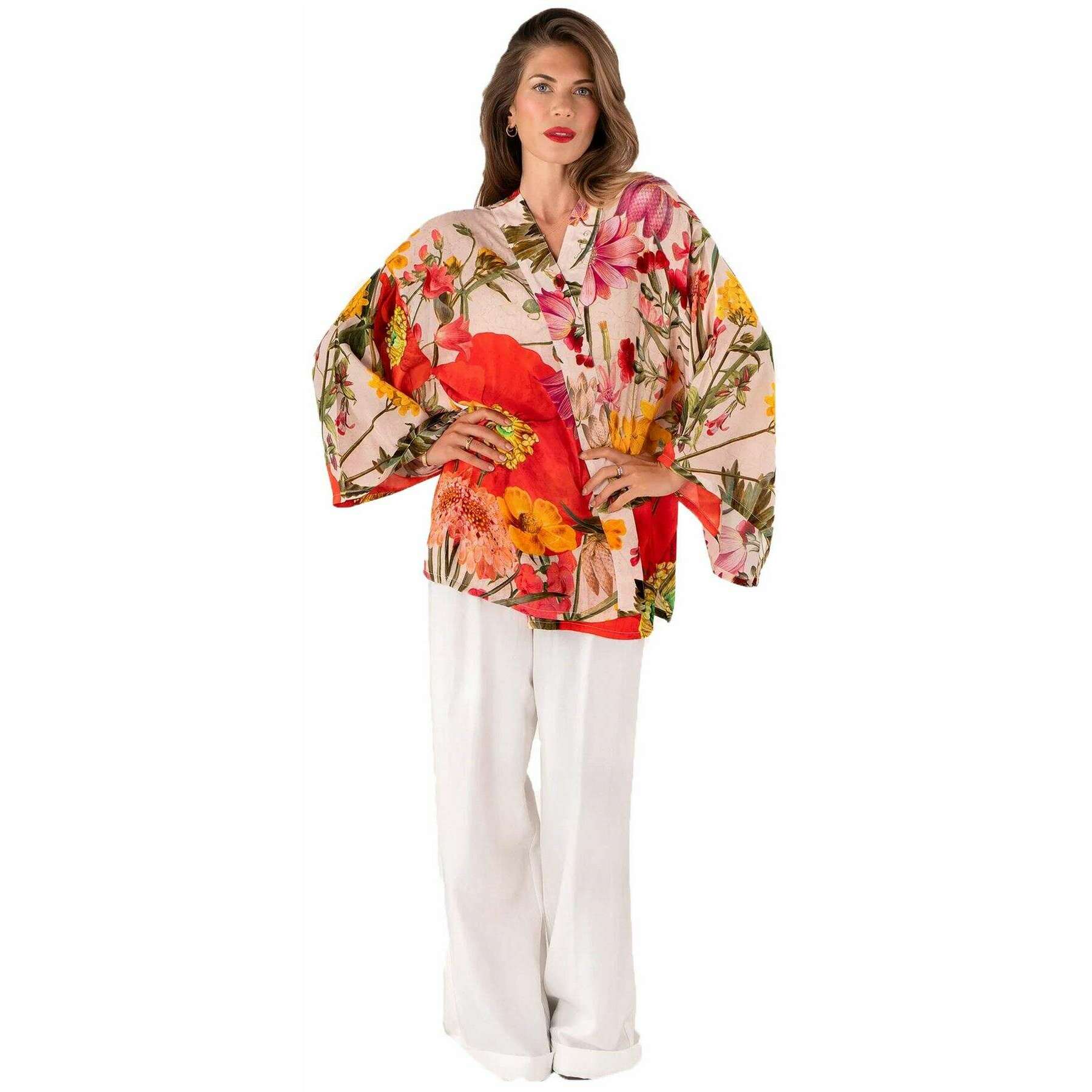 Powder Fine Flowers Kimono Jacket - Red/Beige/Green - Image 3