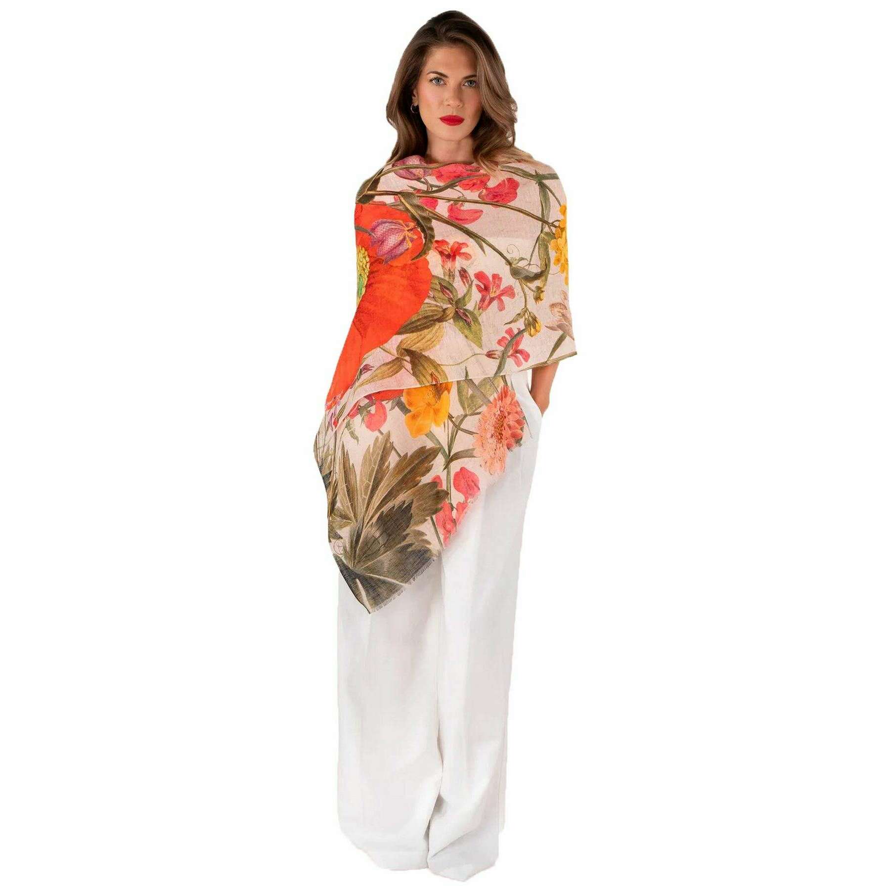 Powder Fine Flowers Linen Cotton Scarf - Beige/Red/Yellow