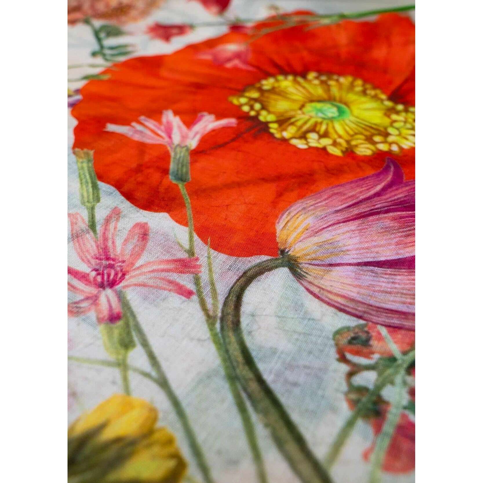 Powder Fine Flowers Linen Cotton Scarf - Beige/Red/Yellow - Image 2