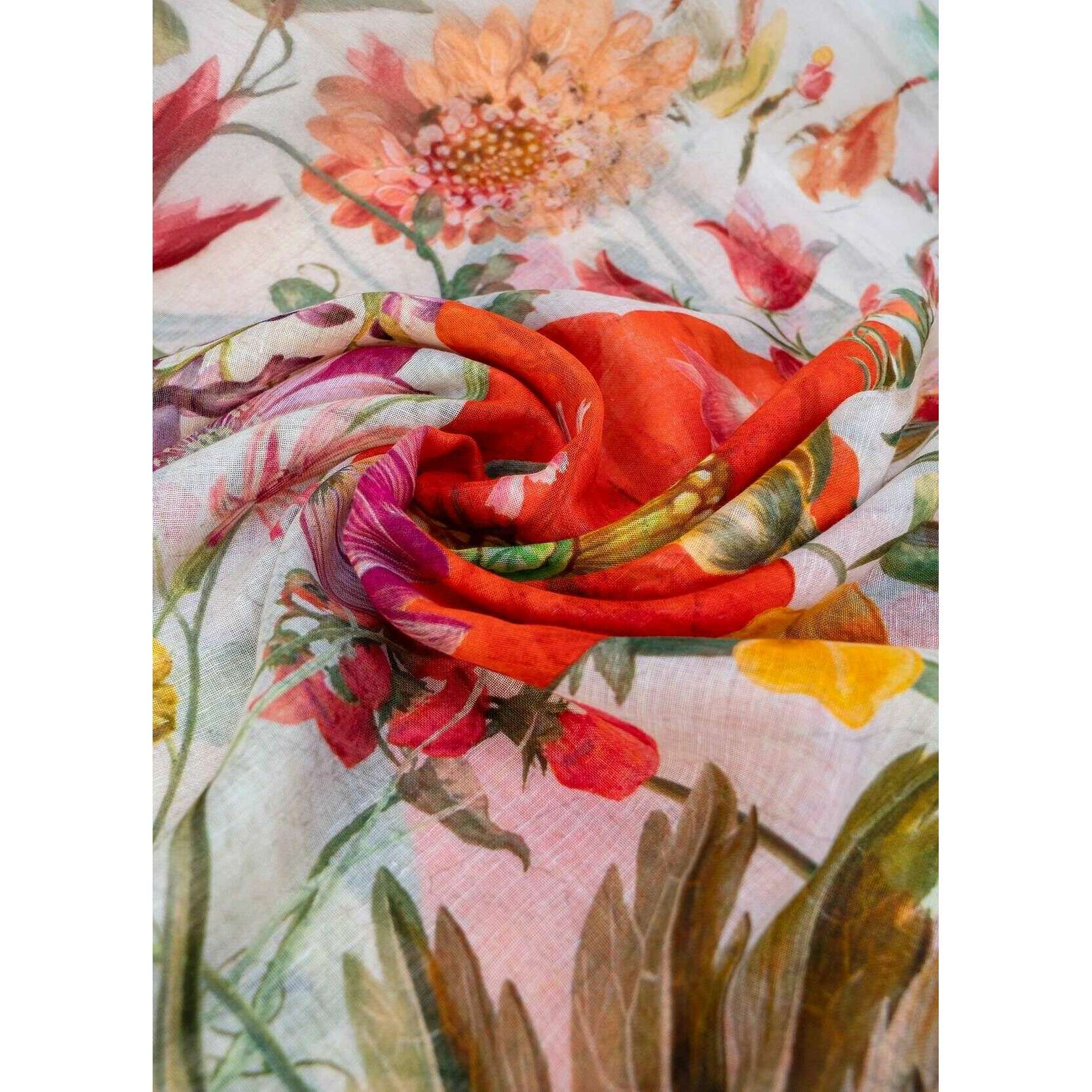 Powder Fine Flowers Linen Cotton Scarf - Beige/Red/Yellow - Image 3