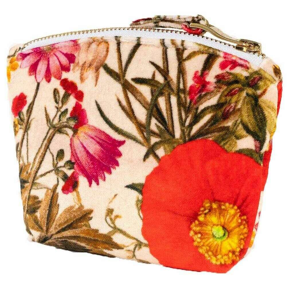 Powder Fine Flowers Printed Velvet Mini Pouch - Beige/Red/Brown