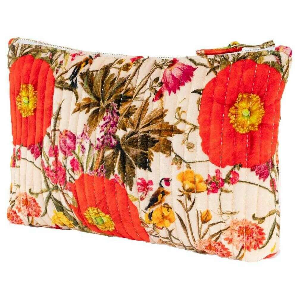 Powder Fine Flowers Quilted Velvet Zip Pouch - White/Red/Beige