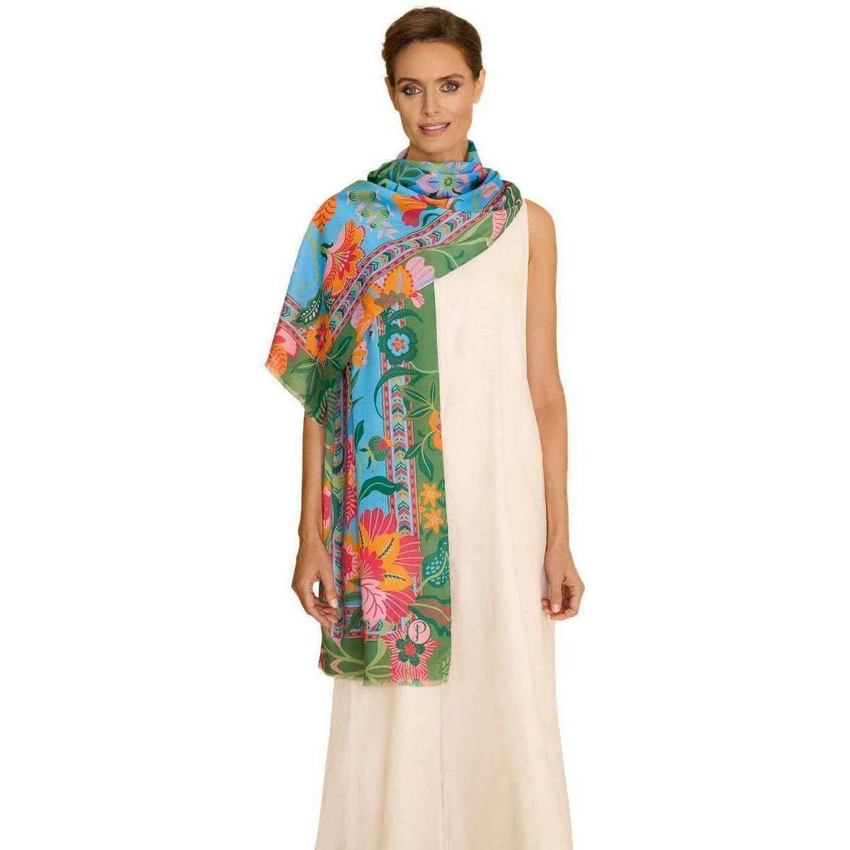 Powder Folky Floral Cotton Scarf - Cornflower Blue/Orange/Green