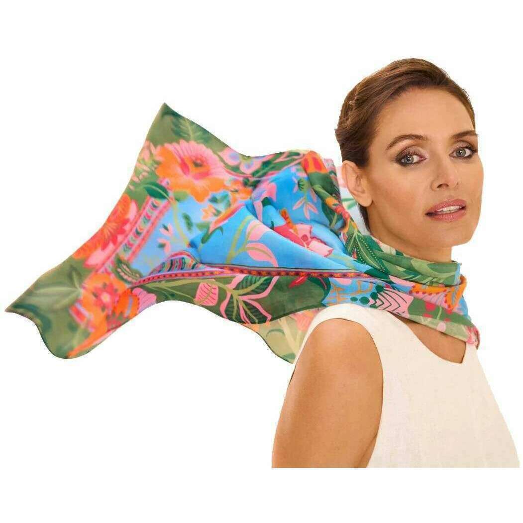 Powder Folky Floral Cotton Scarf - Cornflower Blue/Orange/Green - Image 2