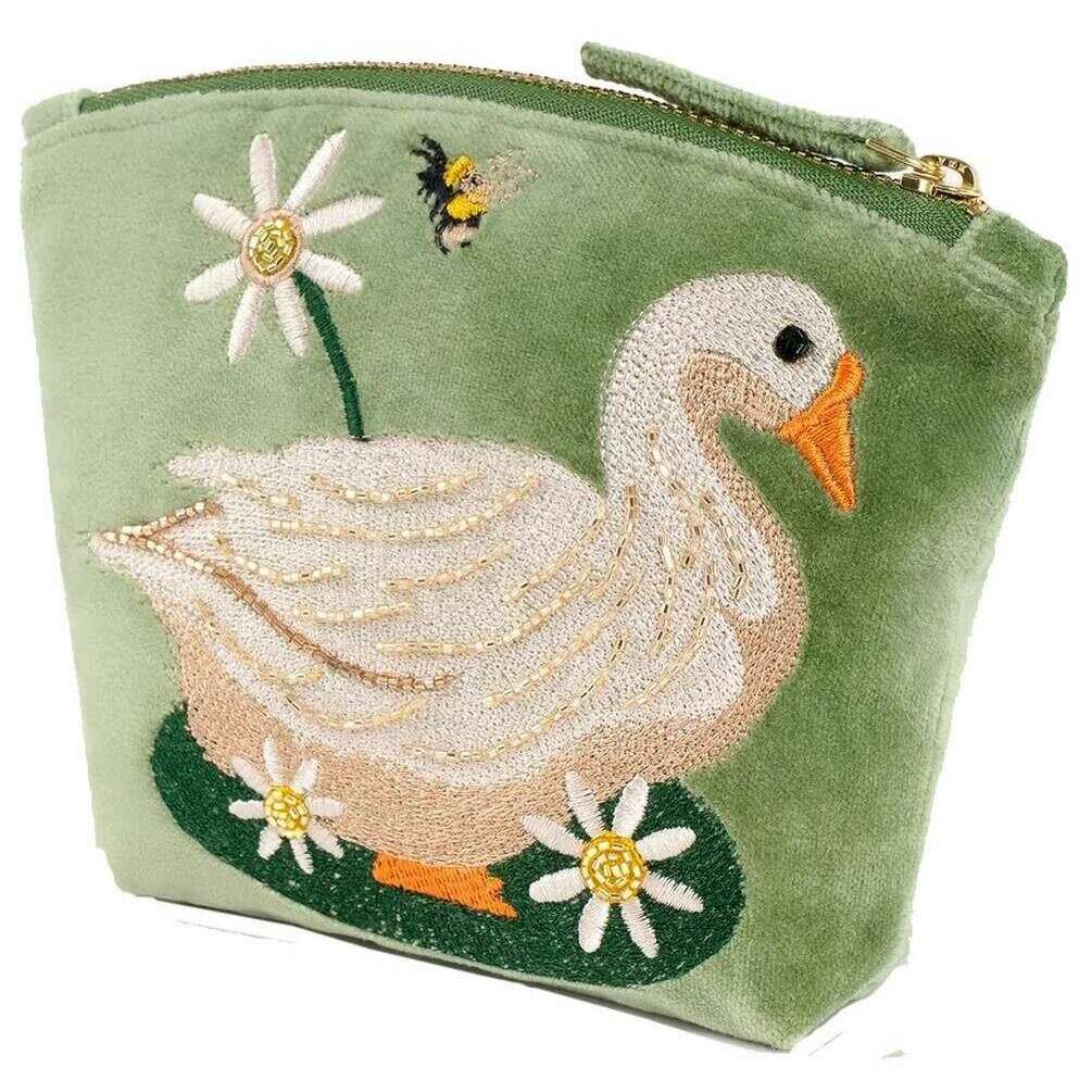 Powder Garden Goose Embroidered Velvet Mini Pouch - Green/Beige/Orange