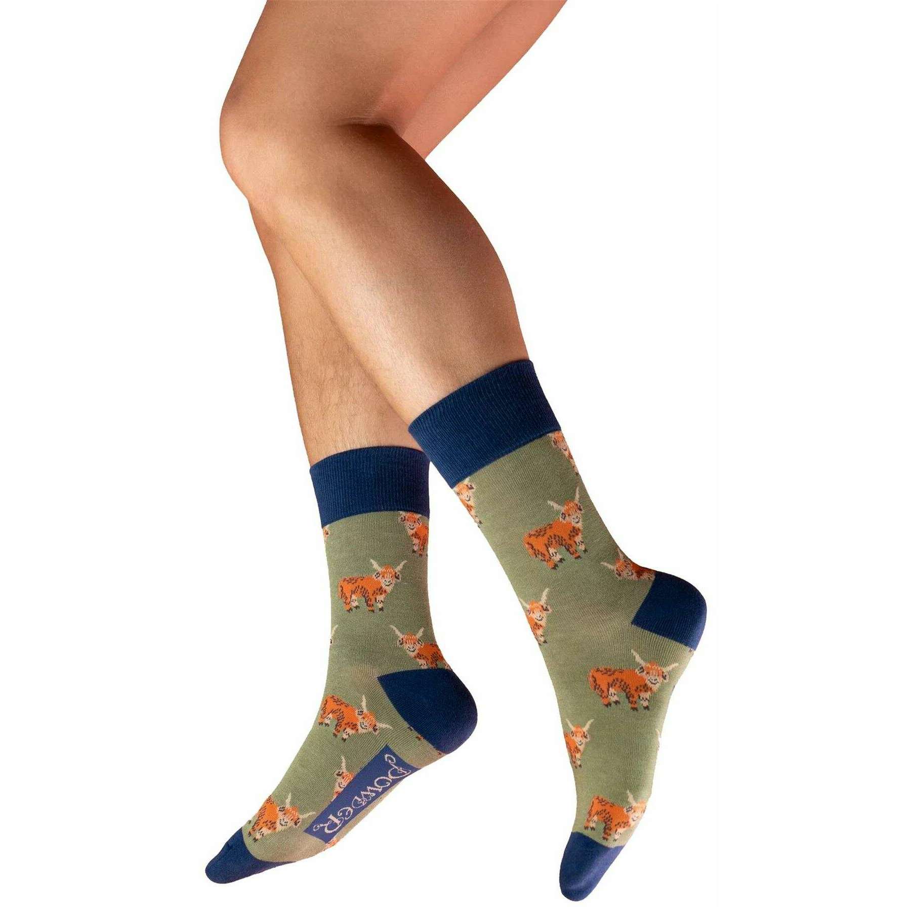 Powder Handsome Highland Cows Socks - Navy/Green/Orange