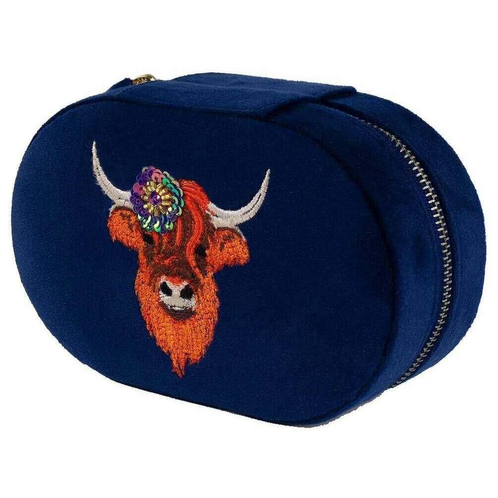 Powder Highland Cow Oval Jewellery Box - Navy Blue/Orange/Beige
