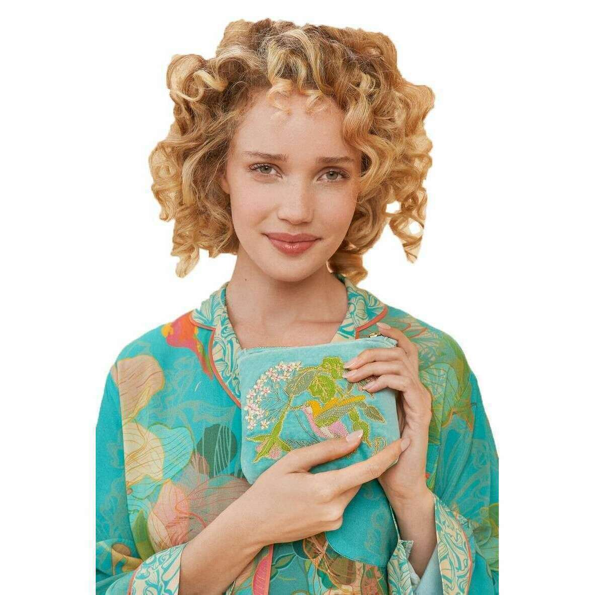 Powder Hummingbird Velvet Embroidered Mini Pouch - Aqua Blue - Image 3