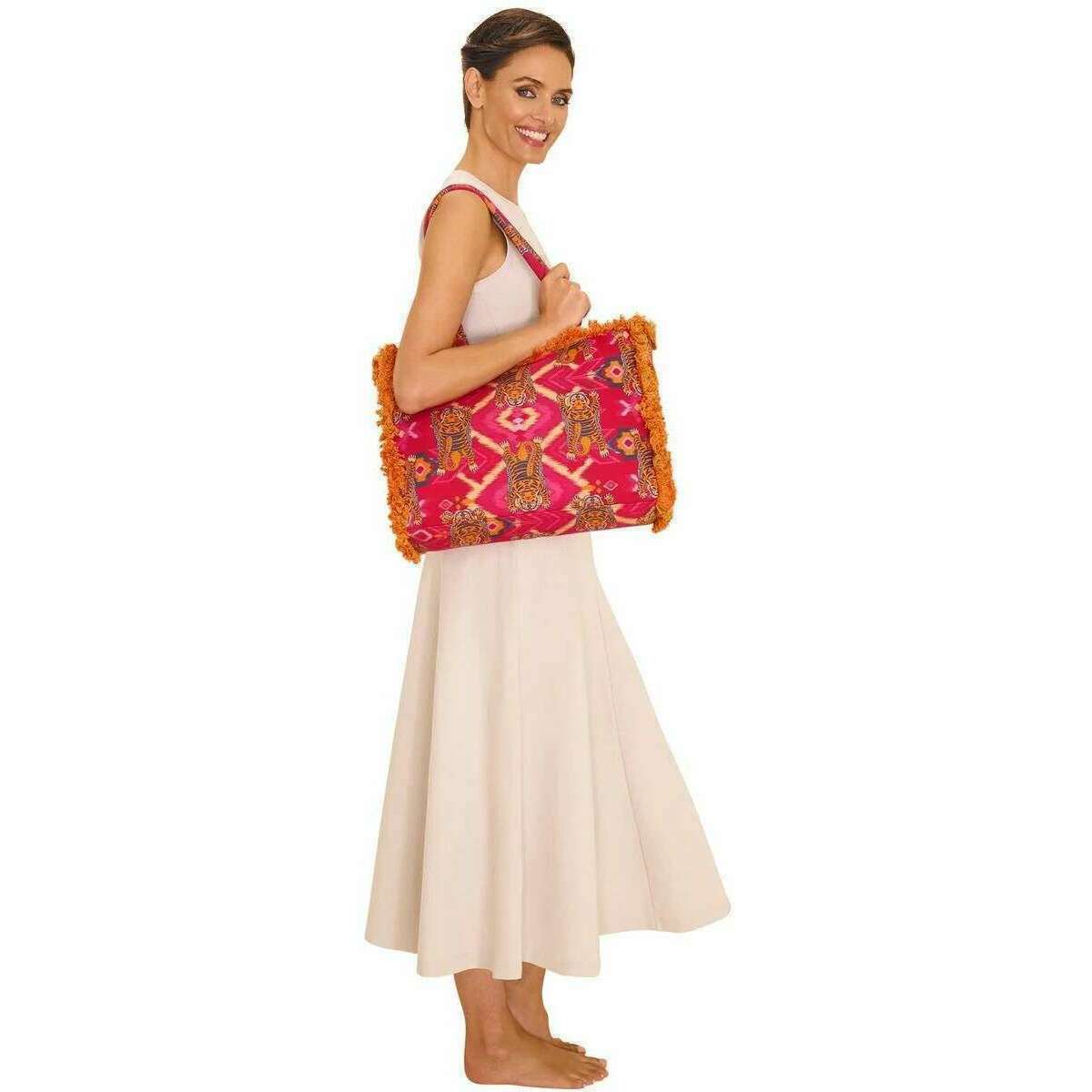 Powder Ikat Tigers Fringed Box Tote - Fuchsia Pink - Image 2