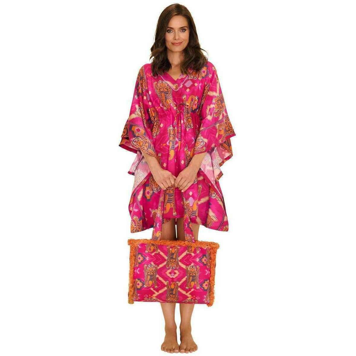 Powder Ikat Tigers Fringed Box Tote - Fuchsia Pink - Image 3