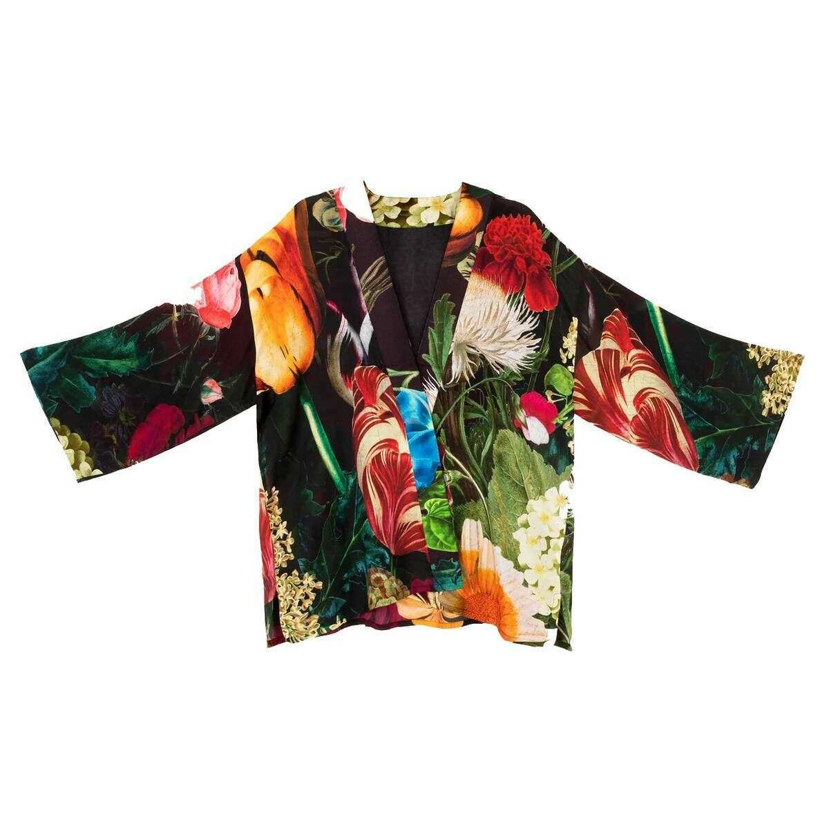 Powder Mid-Length Opulant Florals Kimono - Chocolate Brown