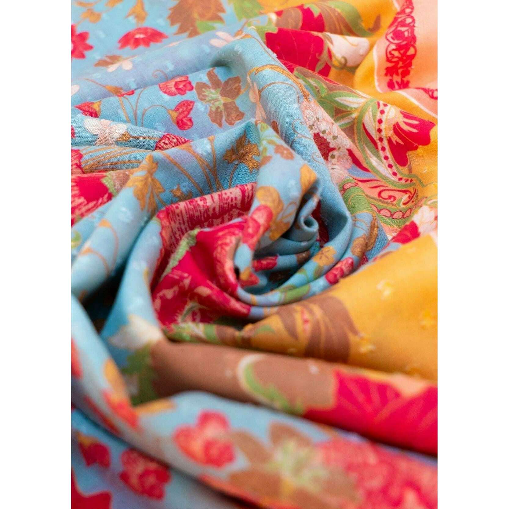Powder Paisley Poppies Cotton Scarf - Yellow/Blue/Pink - Image 3