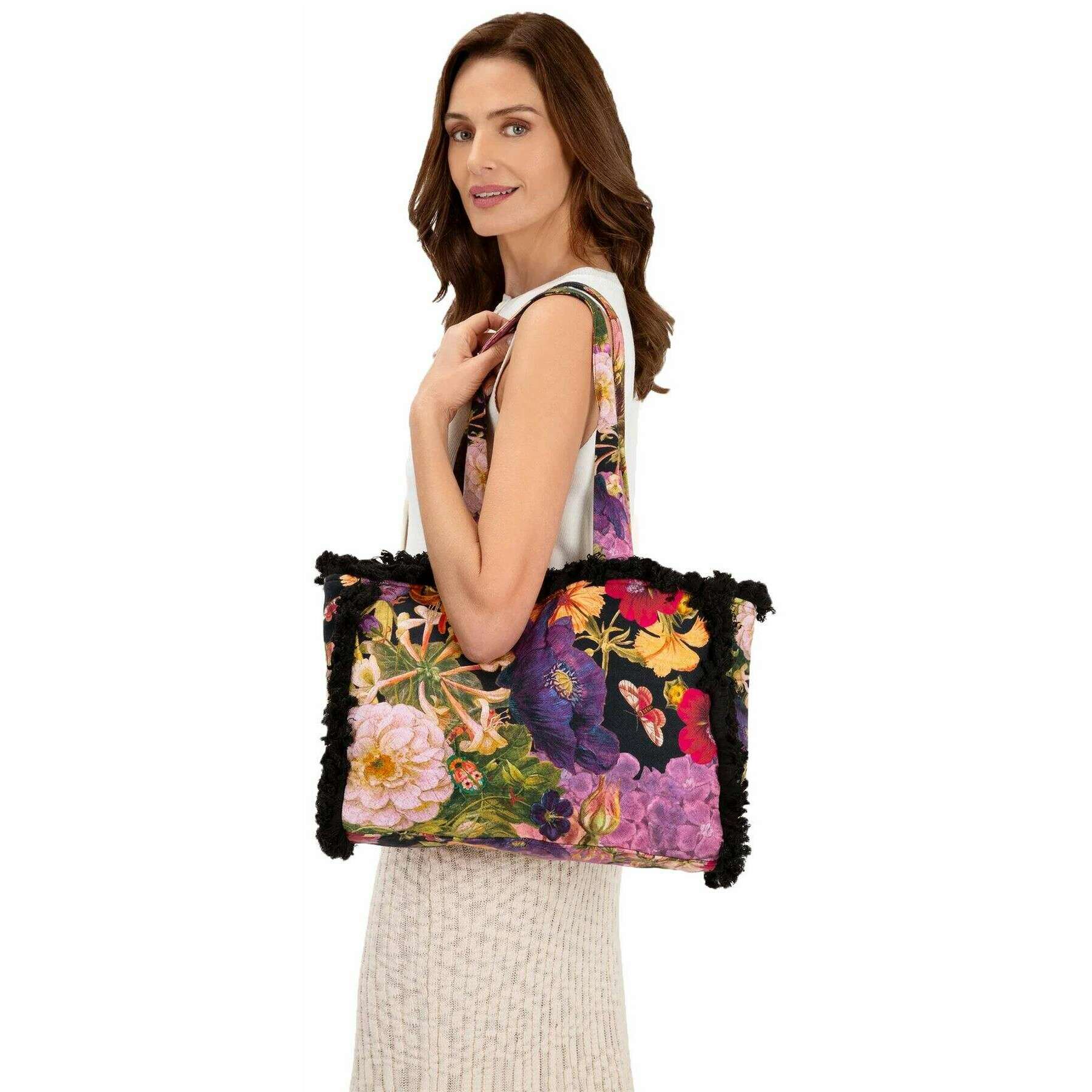 Powder Posy Fringed Tote Bag - Navy
