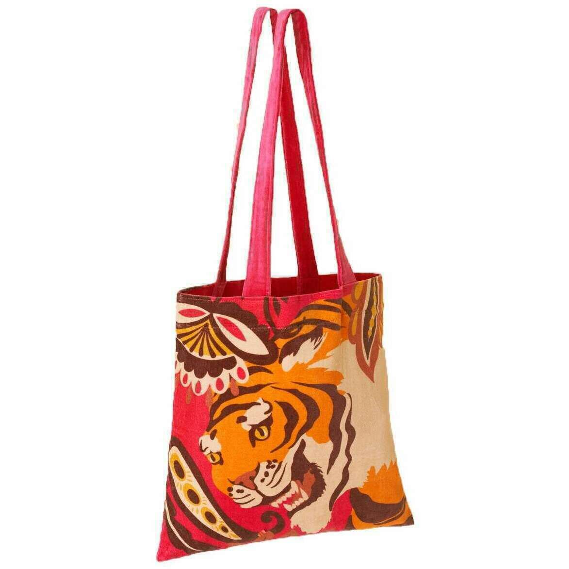Powder Roaring Tiger Velvet Tote Bag - Fuchsia Pink