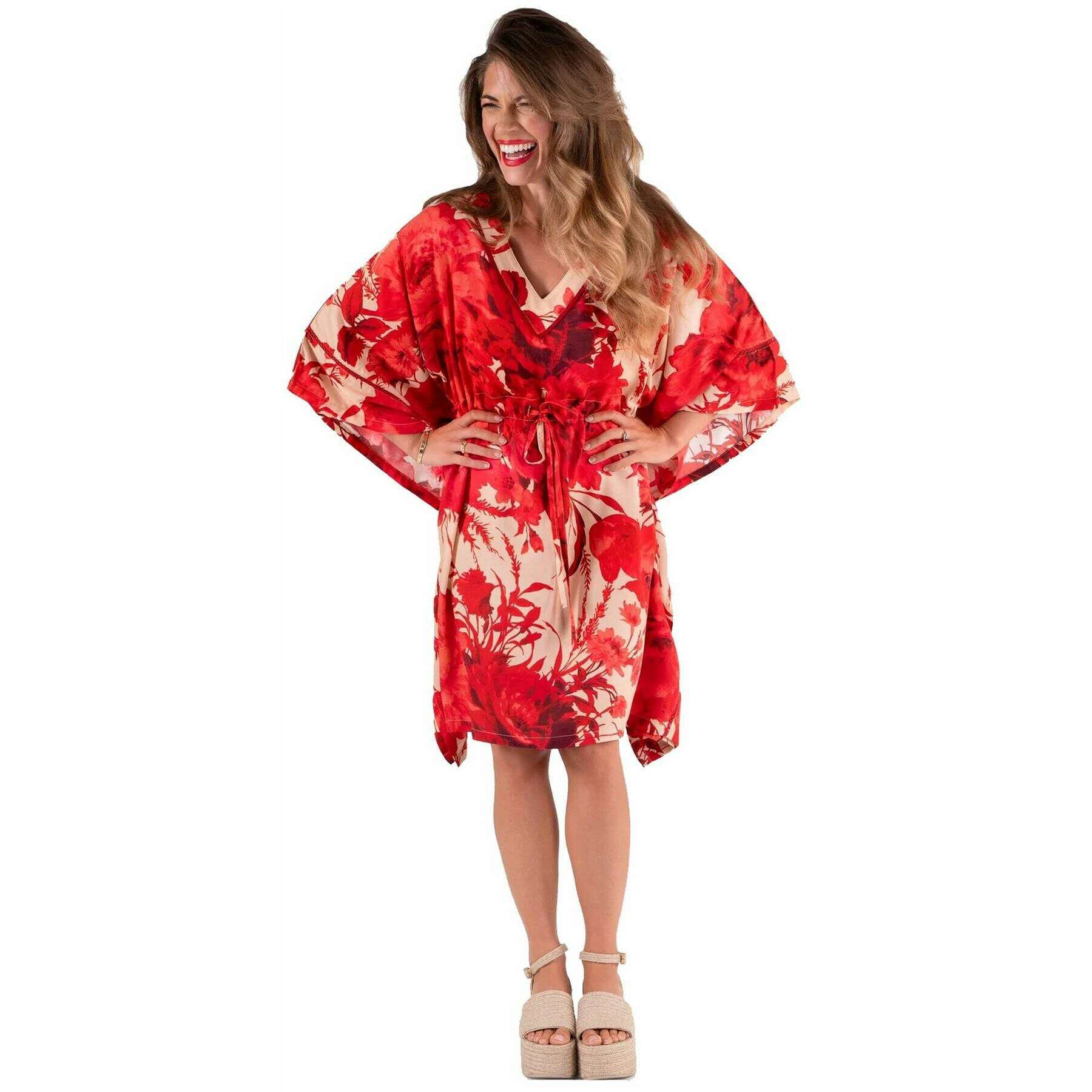 Powder Rouge Blooms Beach Cover Up - Red/Beige - Image 2