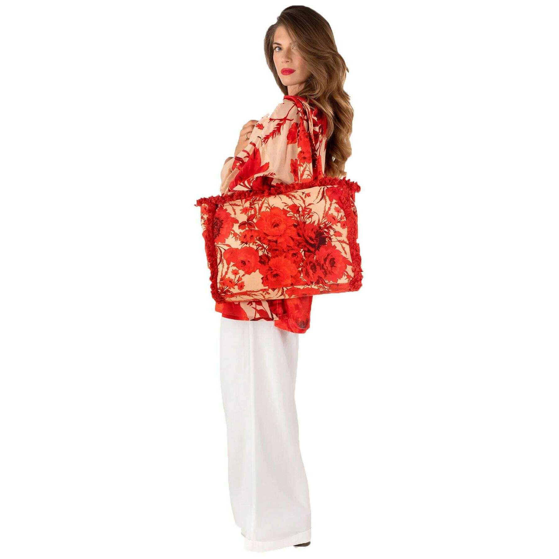 Powder Rouge Blooms Fringe Box Tote - Red/Beige - Image 3