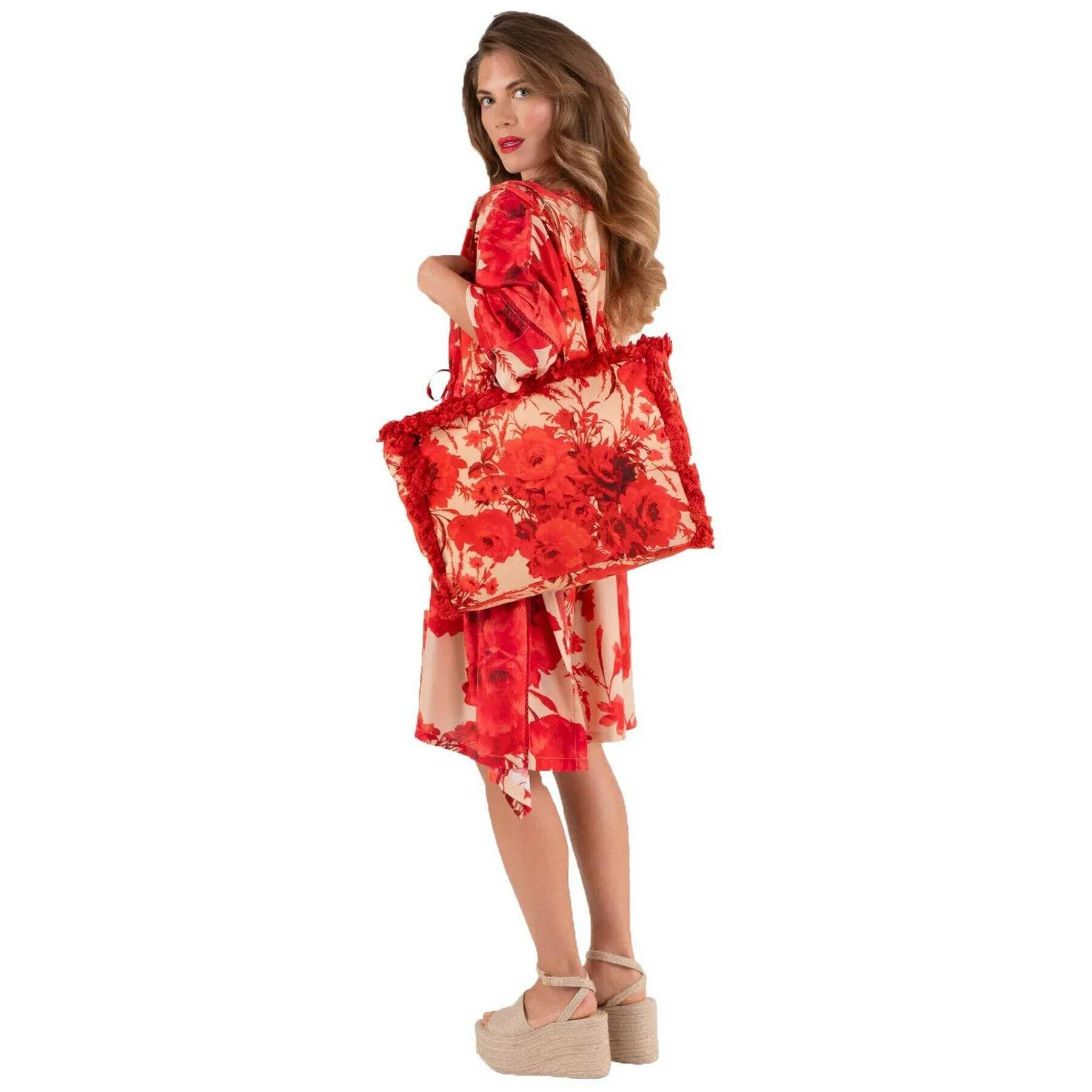 Powder Rouge Blooms Fringe Box Tote - Red/Beige - Image 4