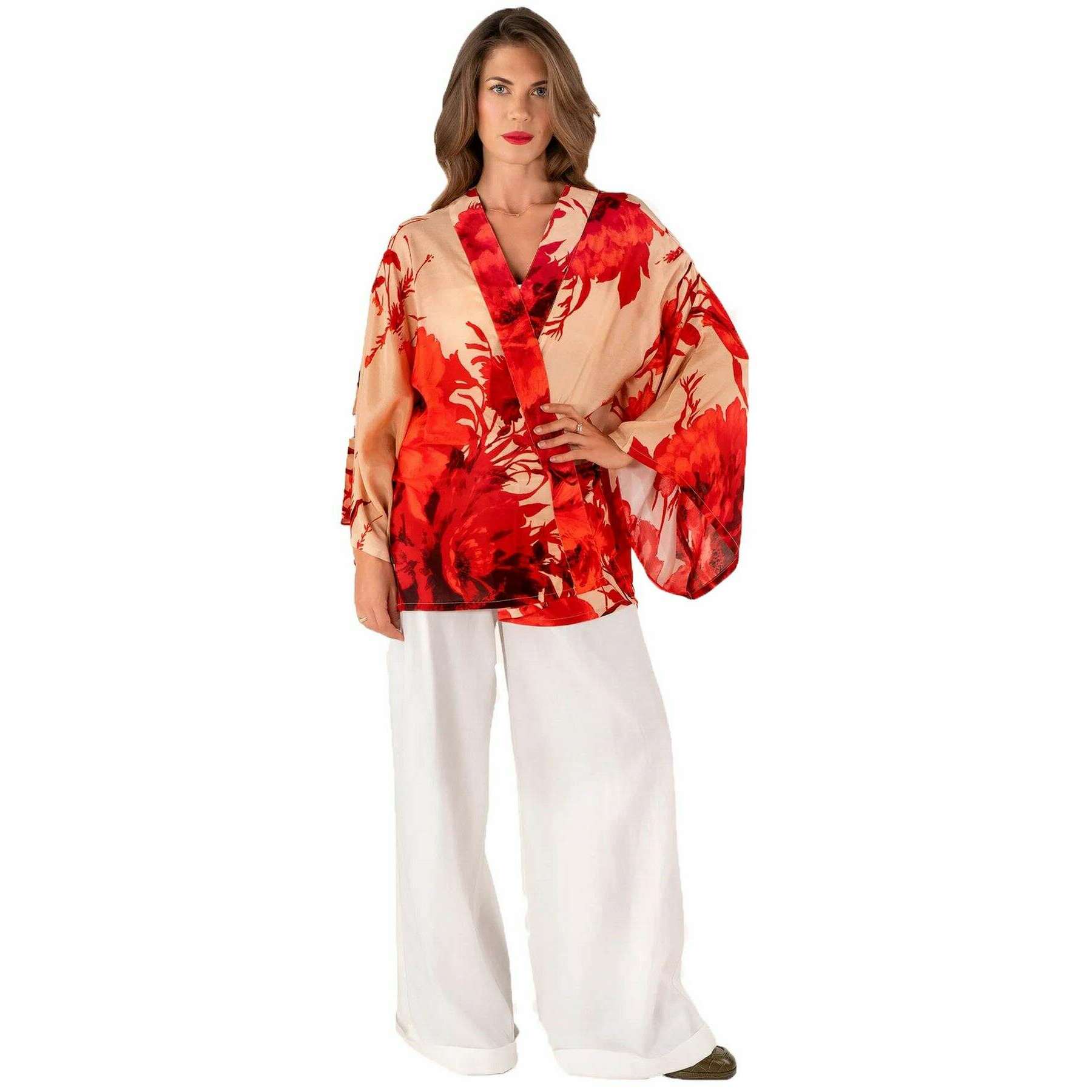 Powder Rouge Blooms Kimono Jacket - Red/Beige
