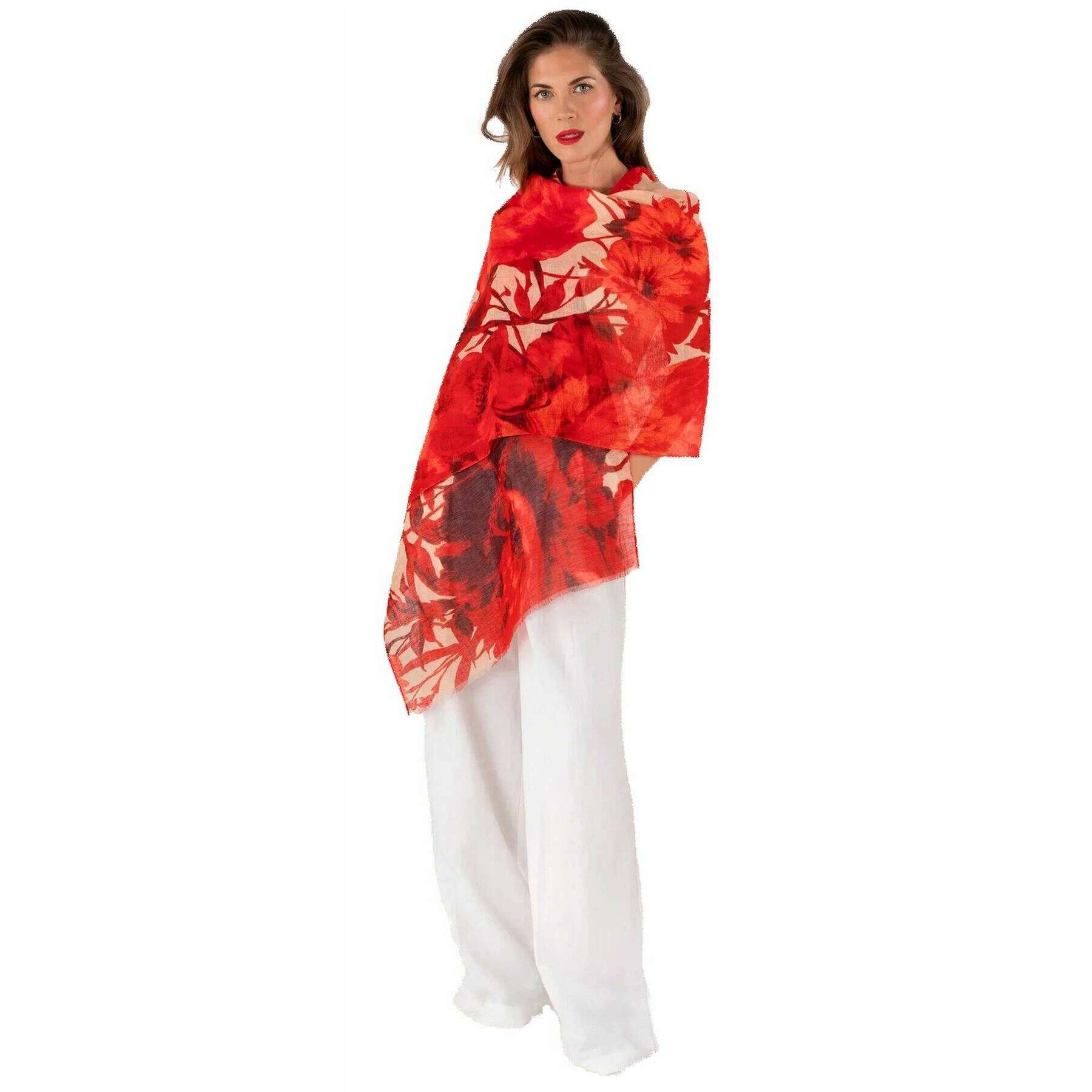 Powder Rouge Blooms Linen Cotton Scarf - Red/Beige