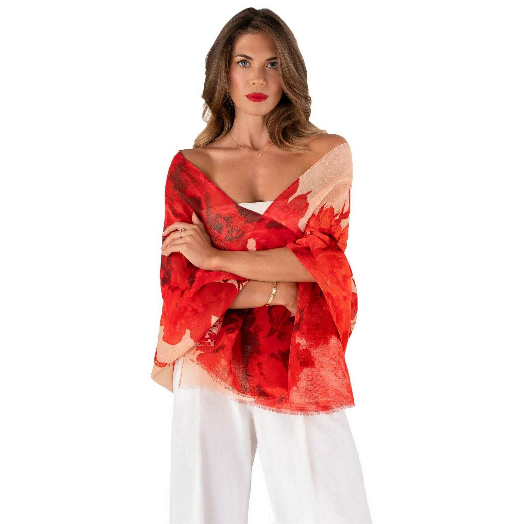 Powder Rouge Blooms Linen Cotton Scarf - Red/Beige - Image 3