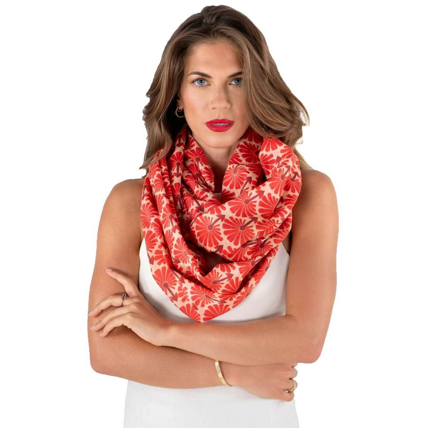 Powder Rouge Palms Infinity Scarf - Red/Beige