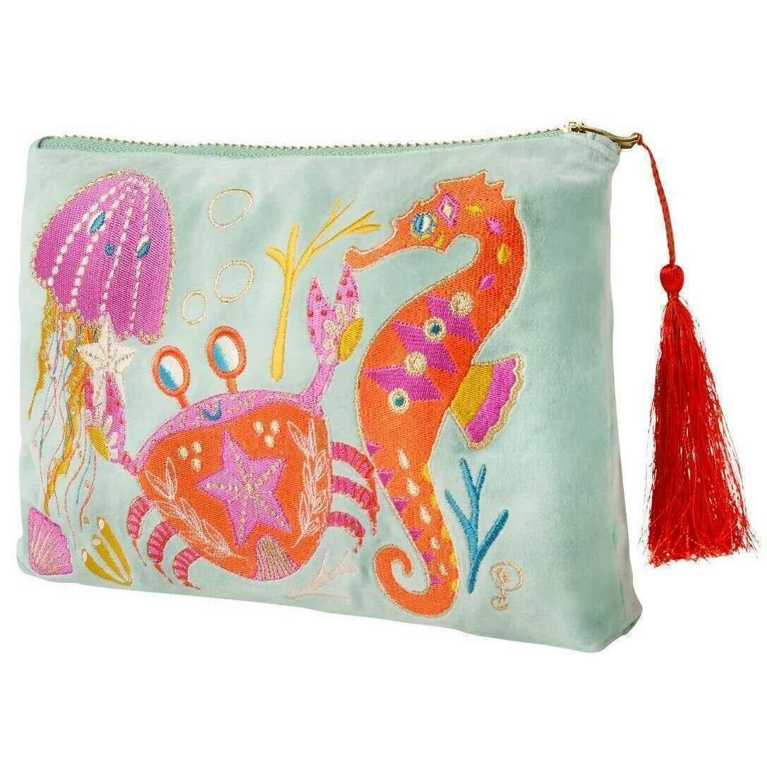 Powder Seashore Friends Velvet Zip Pouch - Aqua Blue