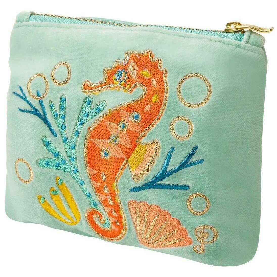 Powder Sparkling Seahorse Velvet Mini Pouch - Aqua Blue