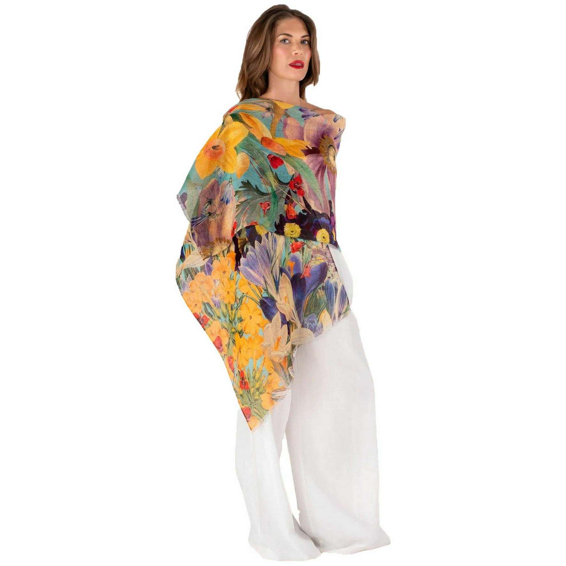 Powder Spring Flora Linen Cotton Scarf - Yellow/Blue/Beige - Image 3