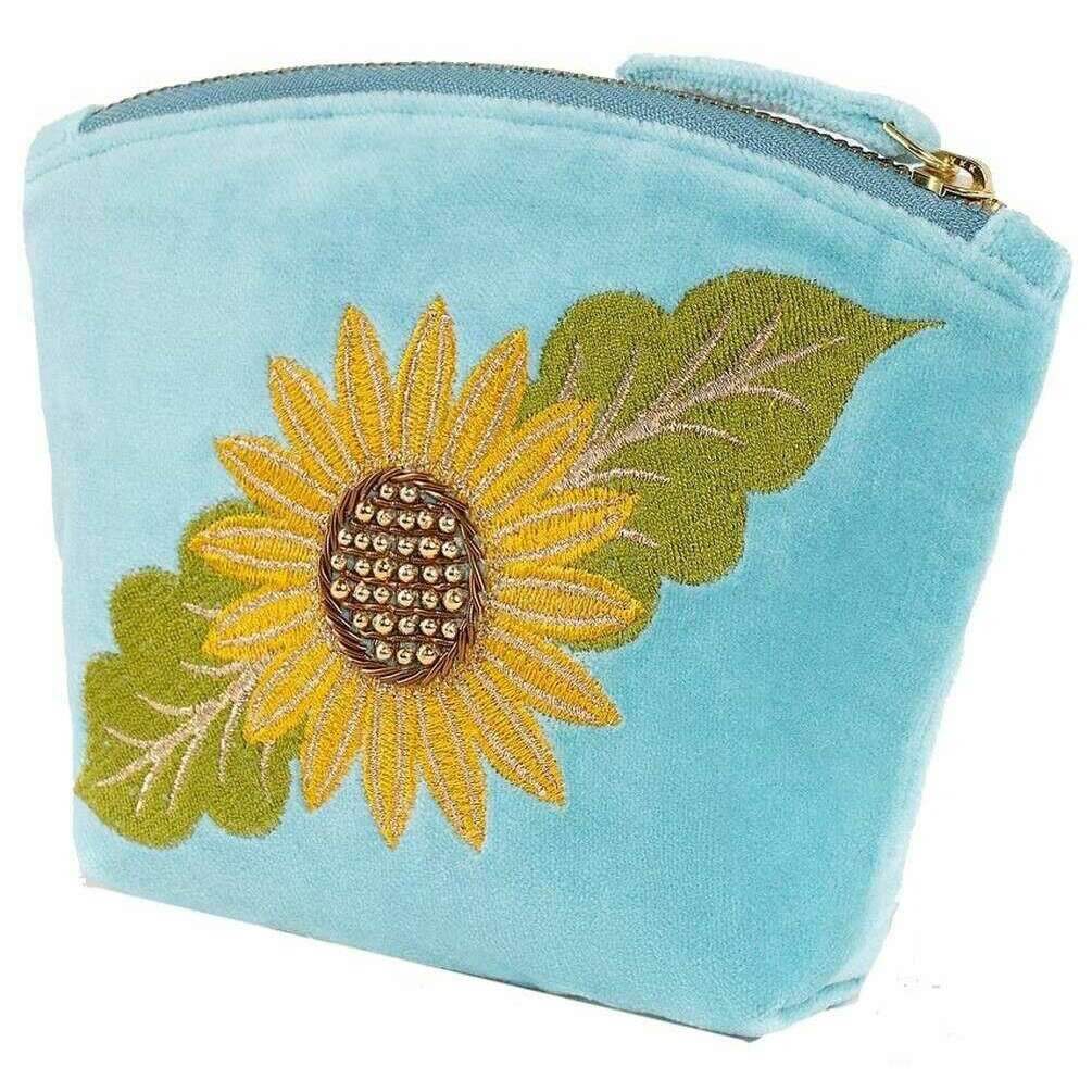 Powder Summer Sunflower Embroidered Velvet Mini Pouch - Blue/Yellow/Green