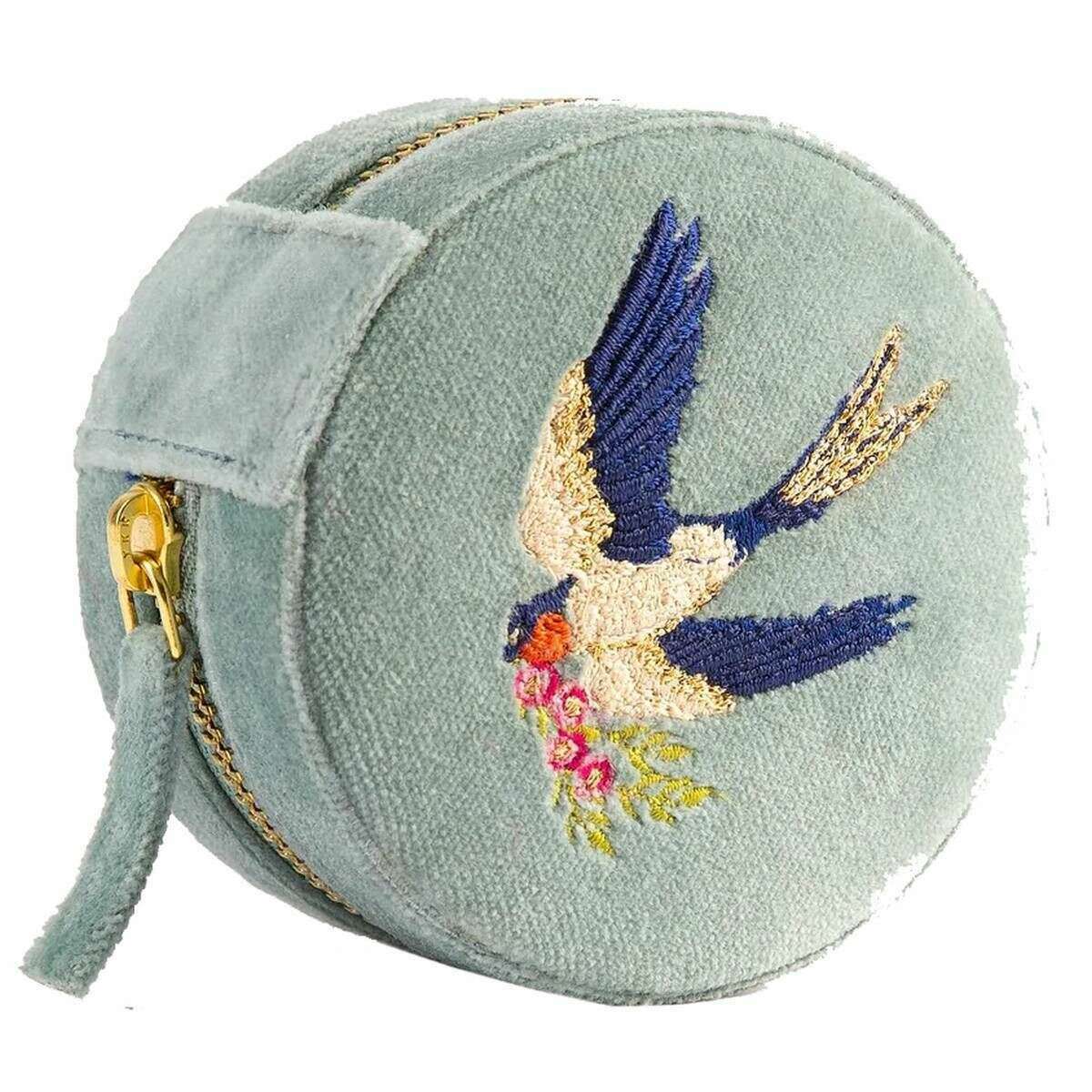 Powder Swooping Swallows Round Velvet Jewellery Box - Ice Blue