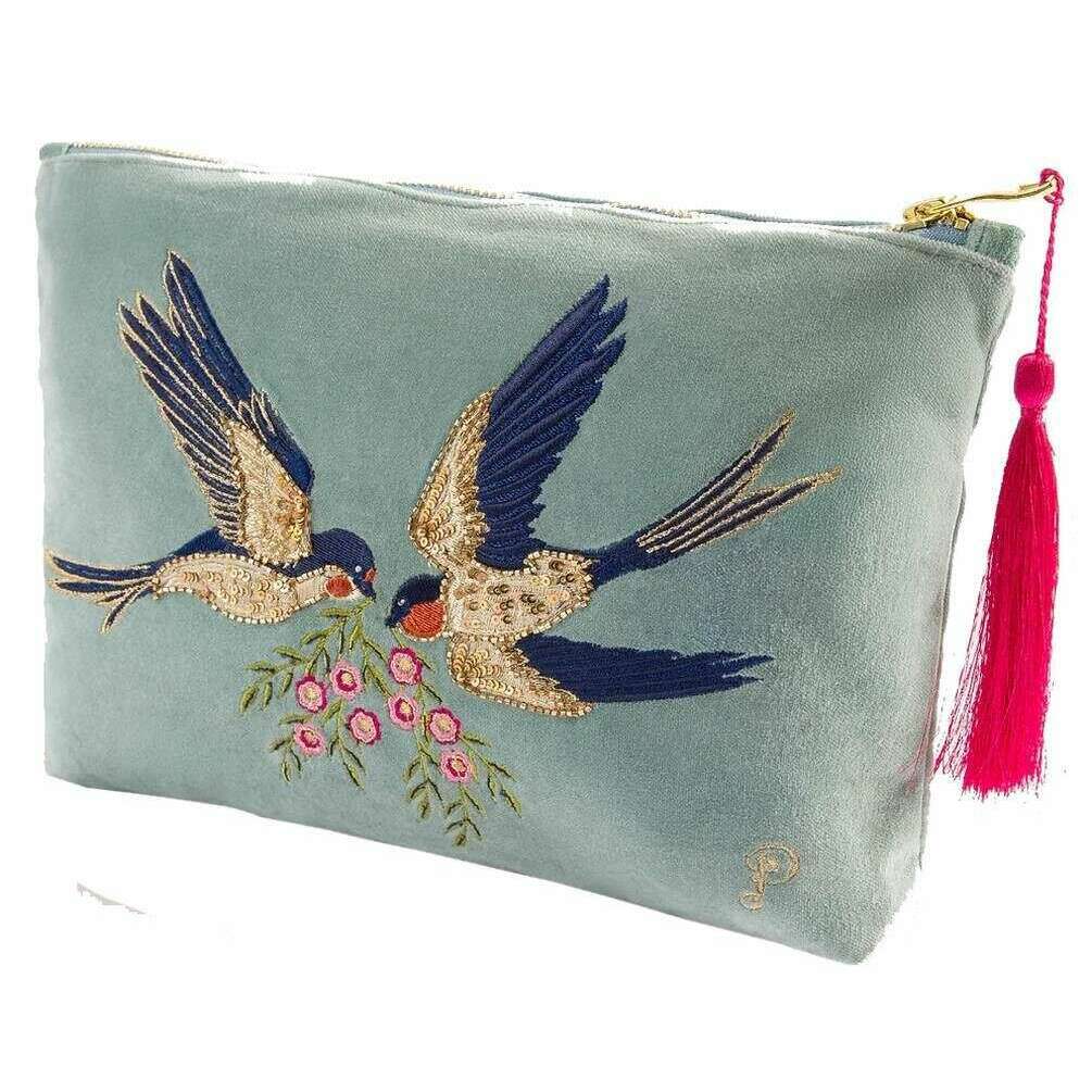 Powder Swooping Swallows Velvet Zip Pouch - Ice Blue