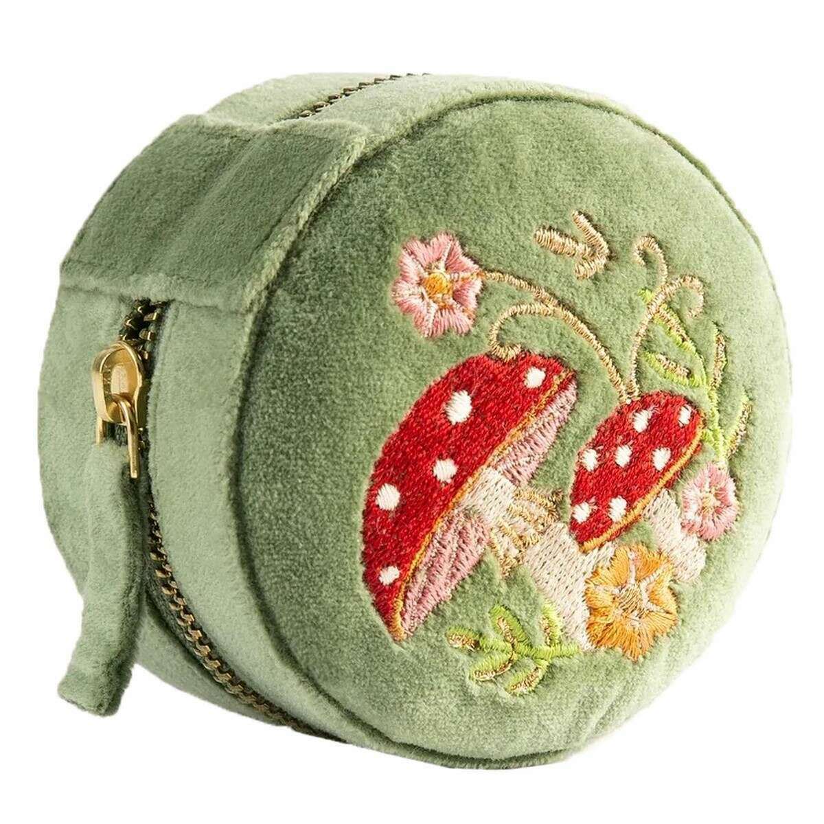 Powder Toadstools Round Velvet Jewellery Box - Sage Green