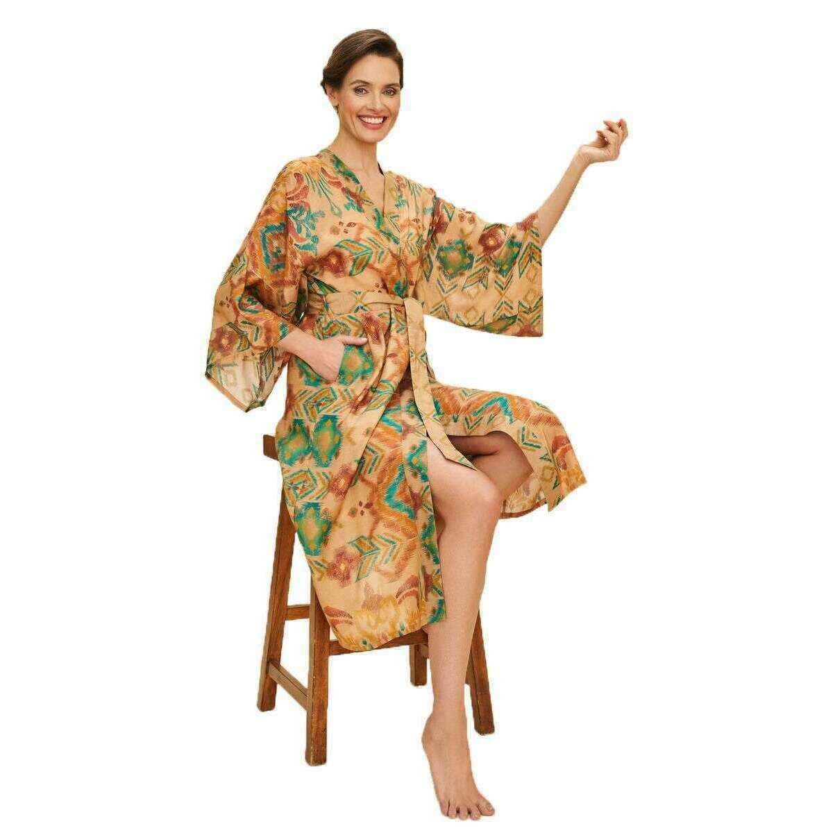 Powder Warm Ikat Kimono Gown - Cream - Image 2