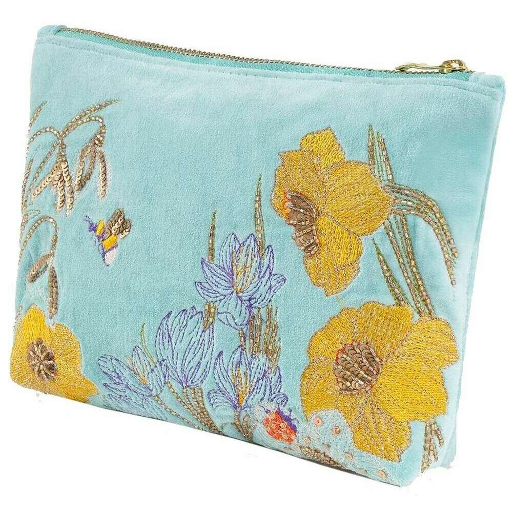 Powder Wildflower Meadow Mid Size Embroidered Zip Pouch - Yellow/Blue/Beige