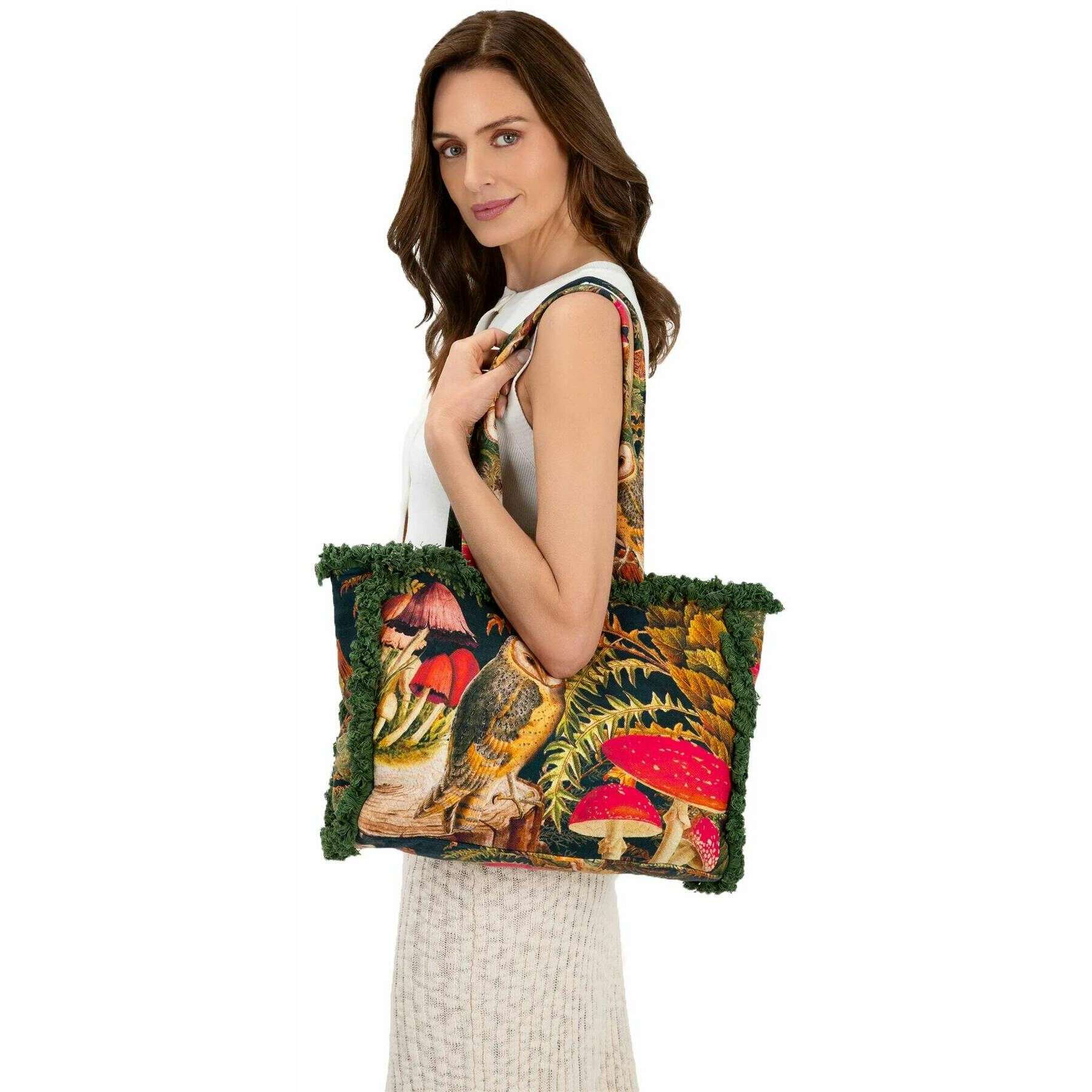 Powder Woodland Owl Fringed Tote Bag - Green