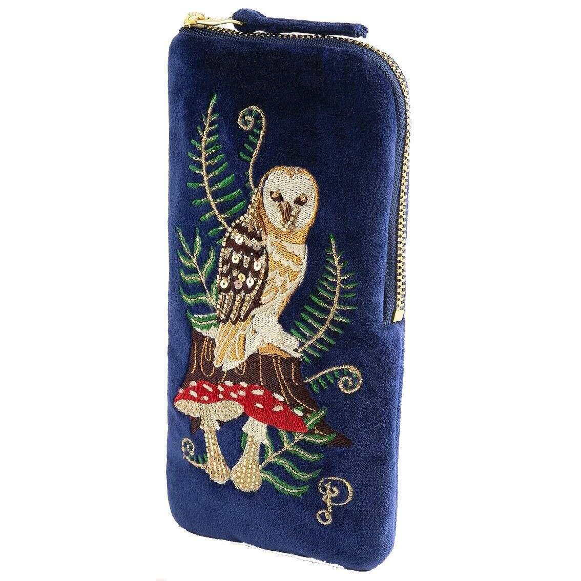 Powder Woodland Owl Velvet Sunglasses Pouch - Navy