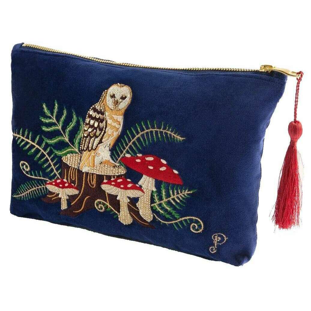 Powder Woodland Owl Velvet Zip Pouch - Navy