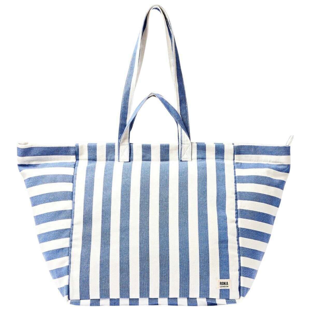 Roka Marylebone Large Cotton Canvas Tote Bag - Denim Stripe Blue/White