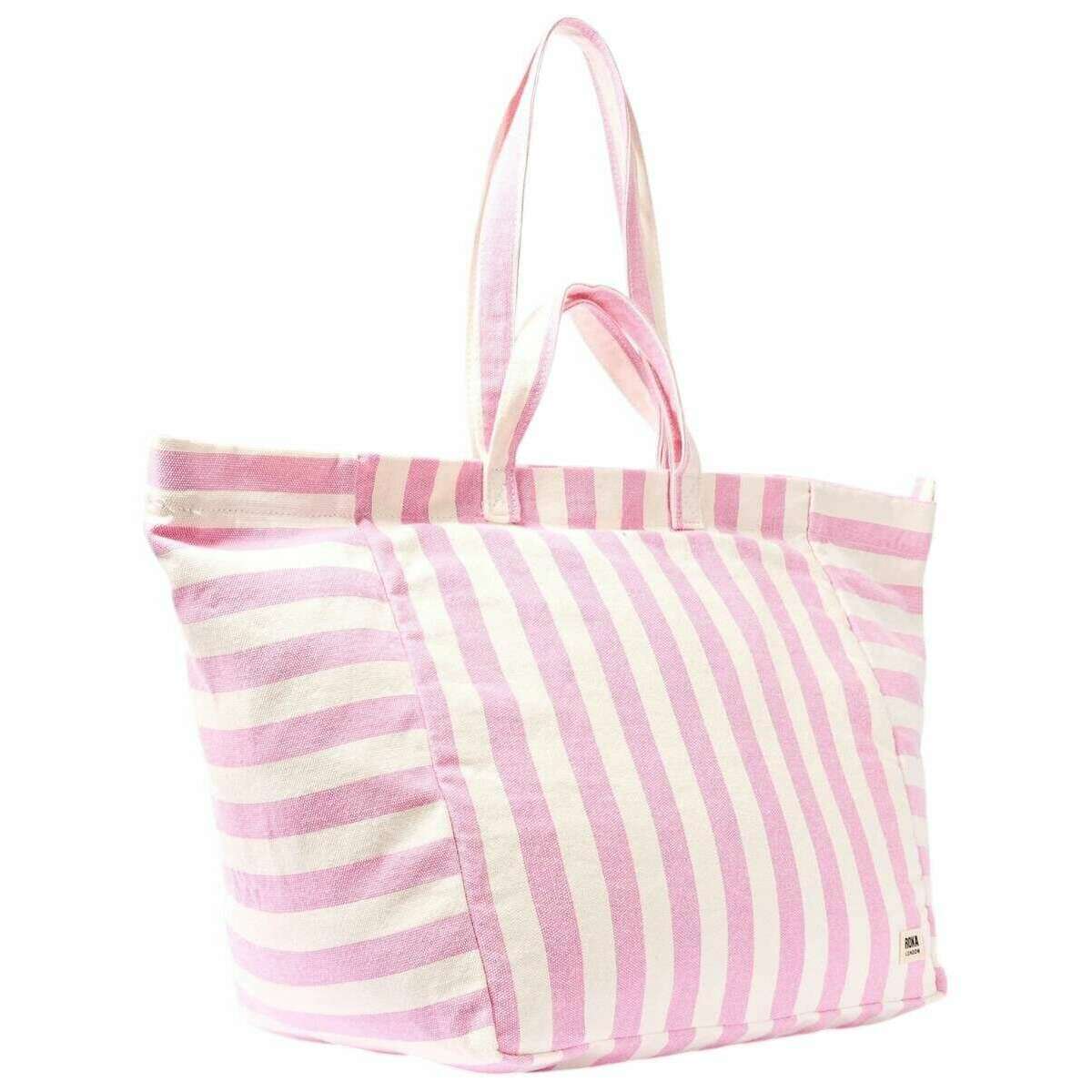 Roka Marylebone Large Cotton Canvas Tote Bag - Sherbet Stripe Pink/White - Image 3