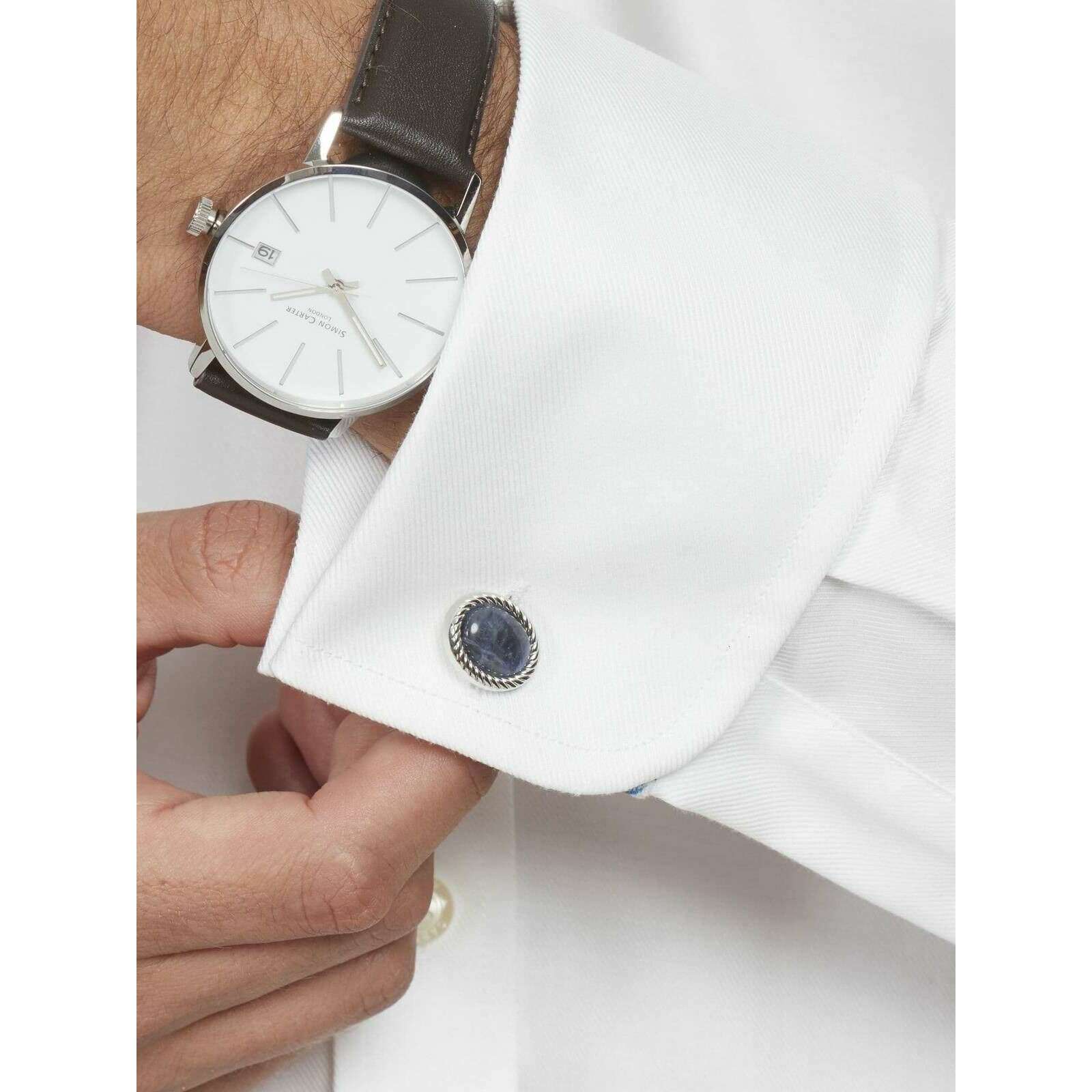 Simon Carter Charles Sodalite Cufflinks - Blue/Silver - Image 5